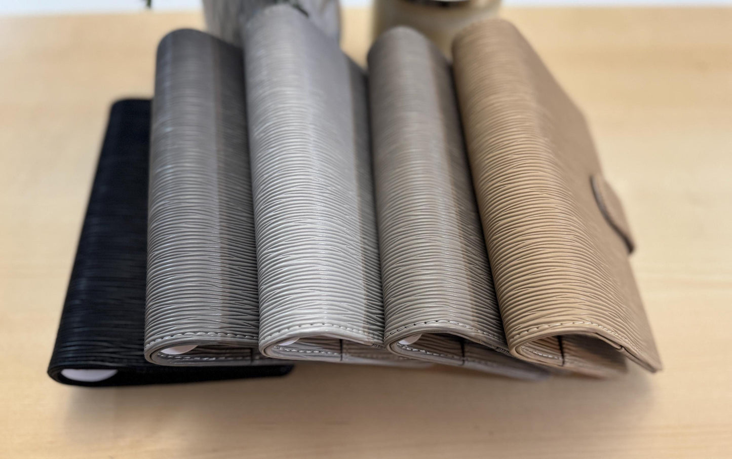 A6 Budget Binder with Silver Rings. Wallet. Cash Stuffing Envelope Wallet. Budget Organizer. Epi. Saffiano. Buckle. 5 black, gray, cool gray, Stone and Tan