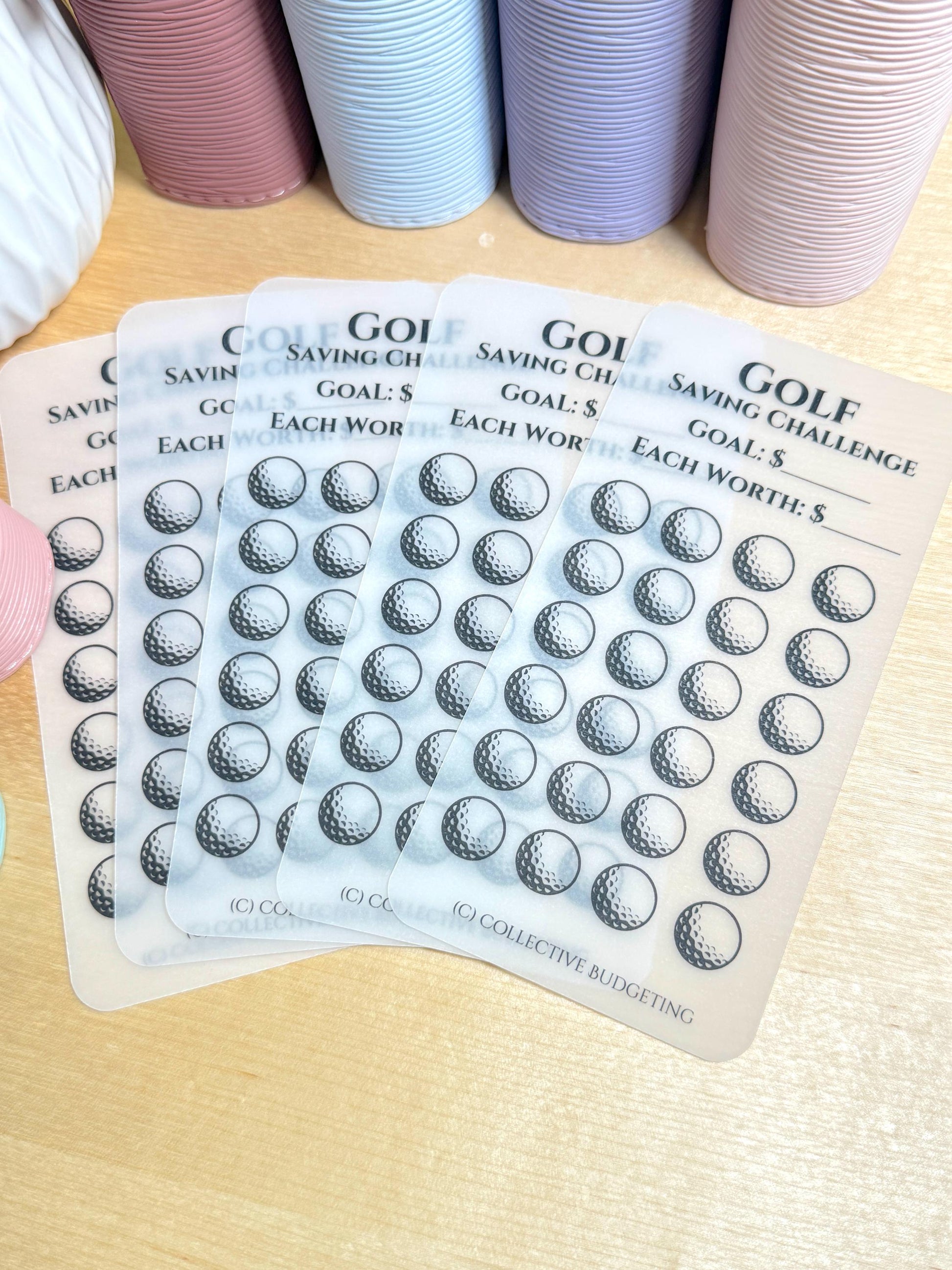 Four transparent sheets with a golf ball theme. Each sheet has a title 'Golf Saving Challenge' with a line for the goal amount and a line for the value of each golf ball. The sheets are filled with black and white golf ball images.