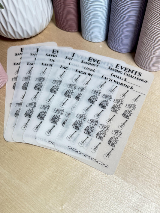 Five transparent sheets with black and white illustrations of a guitar, a box of tickets, and a money bag. The sheets are labeled 'Events Saving Challenge', 'Goal: $', 'Each Worth: $', and '(C) Collective Budgeting'.