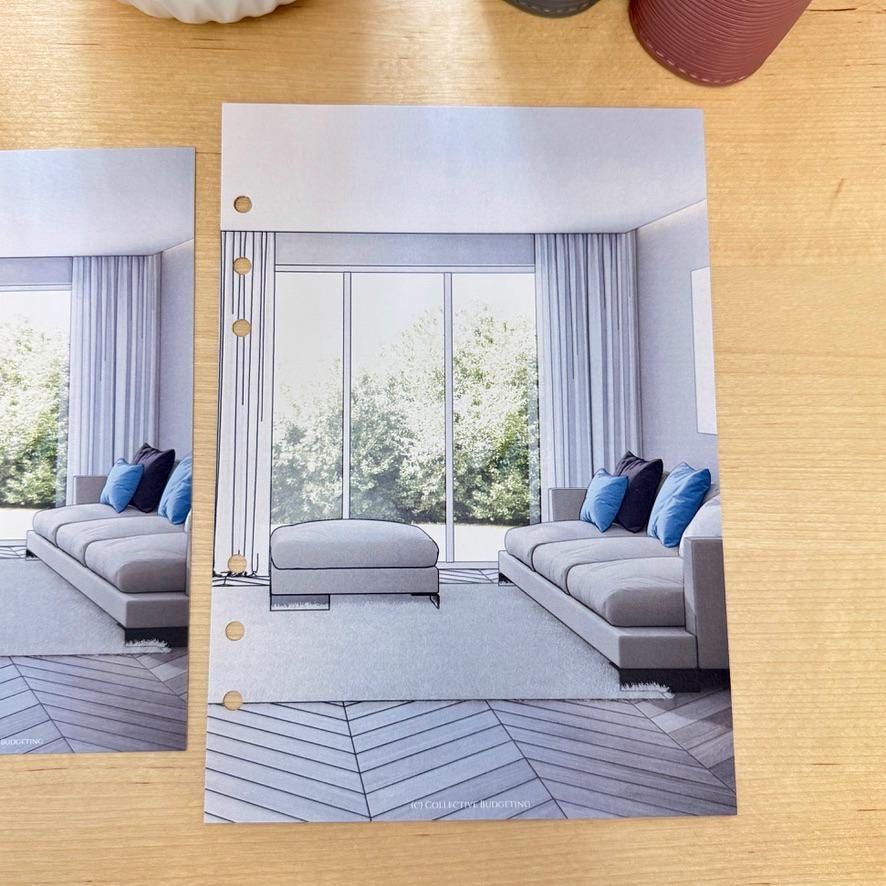 A drawing of a living room interior with a gray couch, a gray ottoman, and a large window with a view of trees. The floor is a gray and white herringbone pattern. The walls are a light gray. The couch has blue pillows. The drawing is on a white sheet of paper with holes punched in the left side.