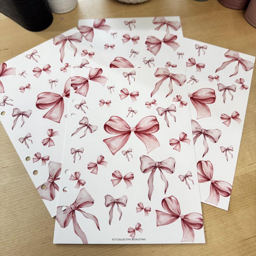 Four sheets of white paper with a pink watercolor bow pattern. The sheets have holes along the left edge. The bottom sheet has the text 'ICI COLLECTIVE BUDGETING'.