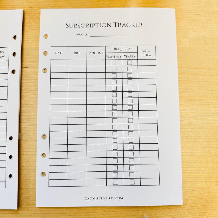 A white subscription tracker sheet with black text. The sheet has columns for date, bill, amount, frequency, and auto renew. The frequency column has checkboxes for monthly and yearly. The sheet has a title that reads 'Subscription Tracker' and a note at the bottom that reads '(c) Collective Budgeting'.