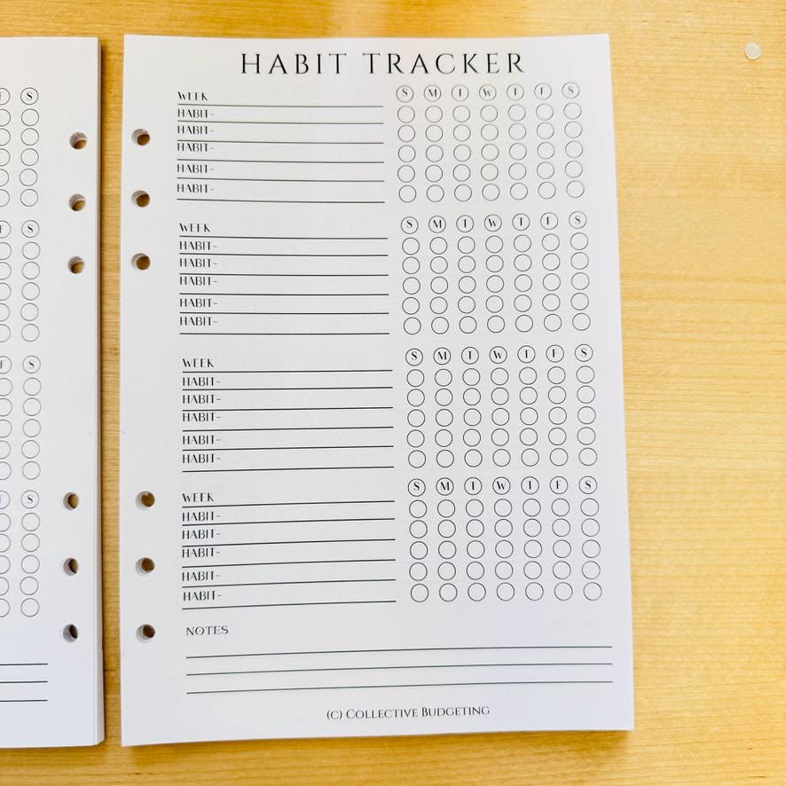 A black and white habit tracker printable with four weekly sections. Each section has a space to write 'Week' and a list of 10 habits to track. Each habit has a space to write the name of the habit. The right side of each section has a grid of 28 circles representing the days of the week. The days of the week are labeled 'S', 'M', 'T', 'W', 'T', 'F', and 'S'. The bottom of the printable has a space for notes and the copyright inform