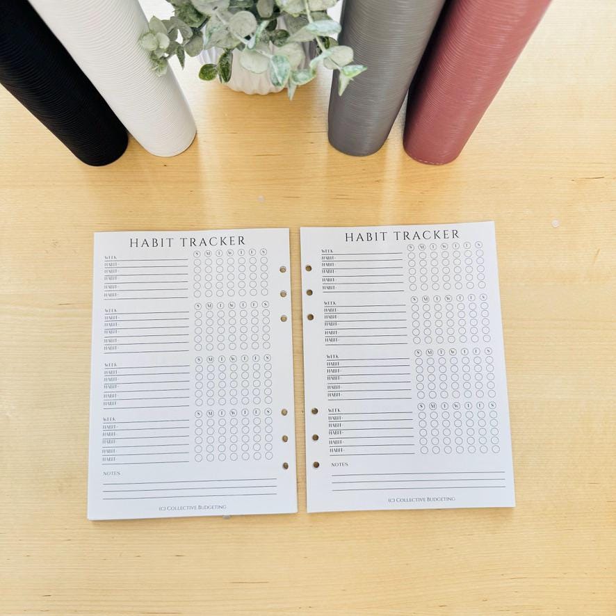 Two white habit tracker pages with black text. The pages are titled 'Habit Tracker' and have a grid of circles for tracking habits. The pages are designed for a disc bound planner.