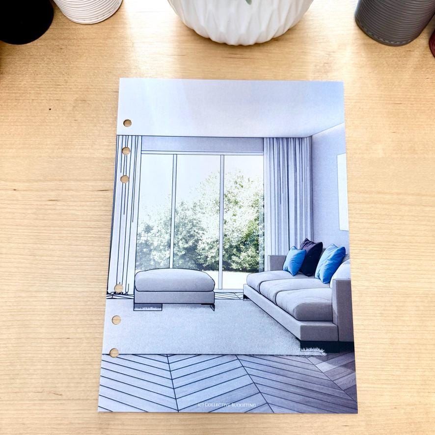 A drawing of a living room interior with a large window, white curtains, a gray couch with blue pillows, and a gray ottoman. The floor is a light gray with a chevron pattern. The text '©COLLECTIVE LIVING' is at the bottom of the image.