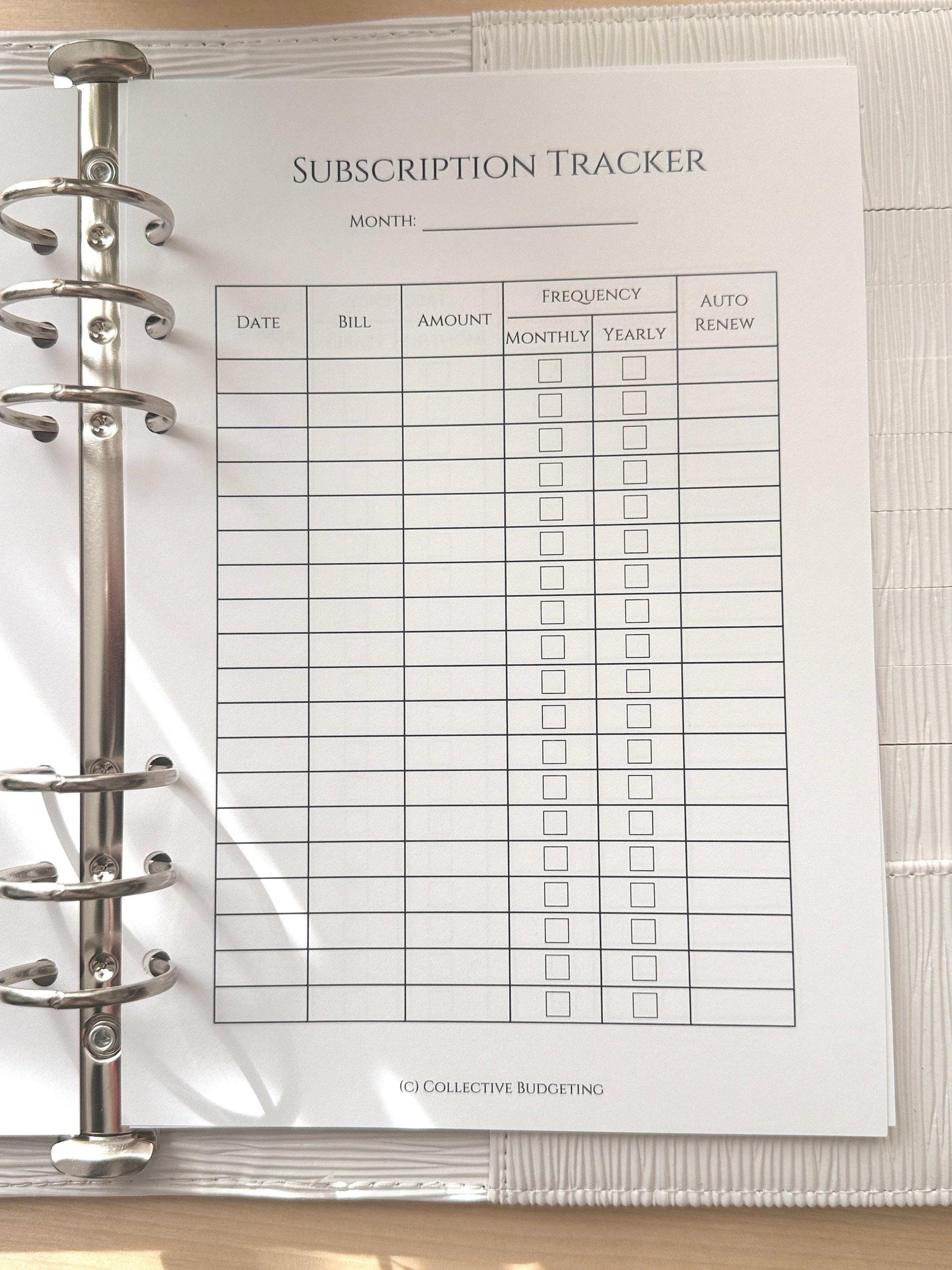 A5 Subscription Tracker Insert | Double Sided Hole Punched Budget Planner Page for Recurring Bills and Monthly Expenses