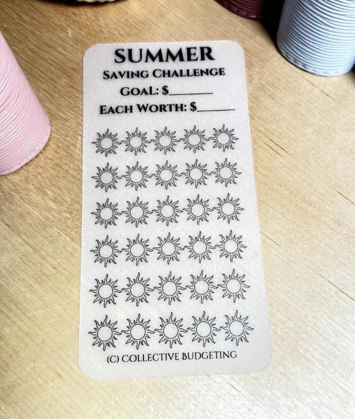 A white printable spring saving challenge tracker with black text. The text reads 'Summer SAVING CHALLENGE', 'GOAL: $', 'EACH WORTH: $'. There are 36 black and white flower icons on the tracker. The bottom of the tracker reads '(C) COLLECTIVE BUDGETING'.