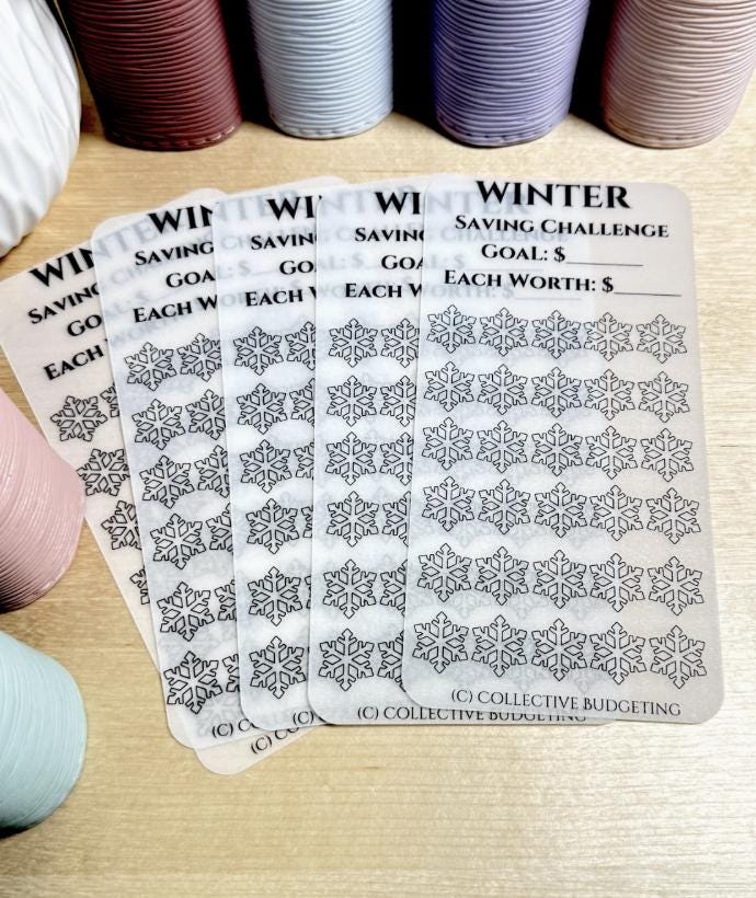 A white printable spring saving challenge tracker with black text. The text reads 'Winter SAVING CHALLENGE', 'GOAL: $', 'EACH WORTH: $'. There are 36 black and white flower icons on the tracker. The bottom of the tracker reads '(C) COLLECTIVE BUDGETING'.