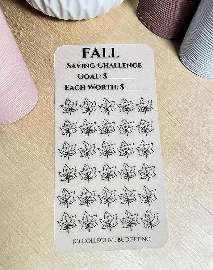 A white printable spring saving challenge tracker with black text. The text reads 'FALL SAVING CHALLENGE', 'GOAL: $', 'EACH WORTH: $'. There are 36 black and white flower icons on the tracker. The bottom of the tracker reads '(C) COLLECTIVE BUDGETING'.
