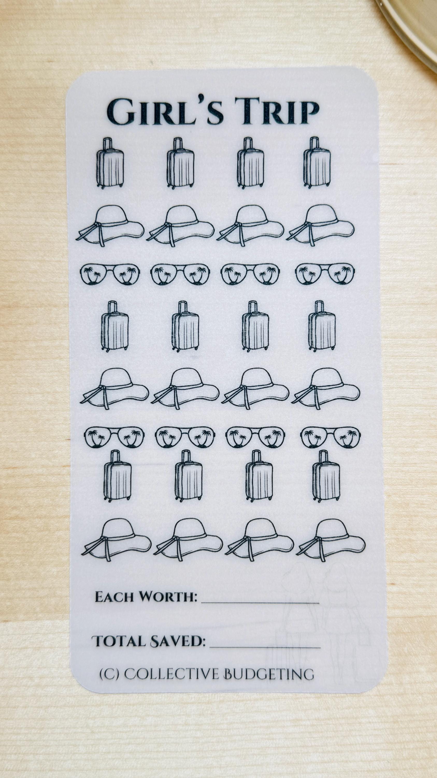 A white card with black text that reads 'Girls Night Out'. The card has a grid of images with black and white illustrations of two women with their arms raised, a disco ball, and a cup of coffee. The card also has a section for 'Each Worth' and 'Total Saved' with blank lines for writing. The bottom of the card reads '(C) Collective Budgeting'.