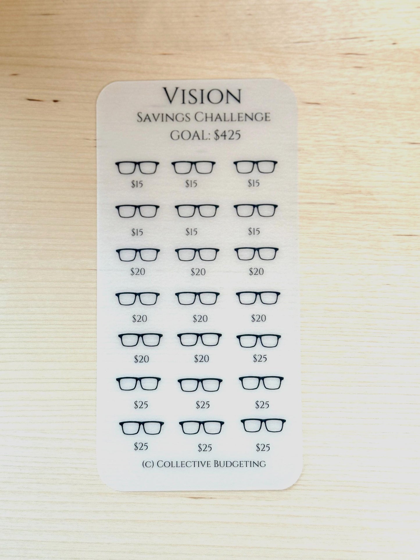 Vision Savings Challenge Card | Laminated Vellum Cash Tracker for Eye Exams, Glasses, Contacts, and Vision Expenses