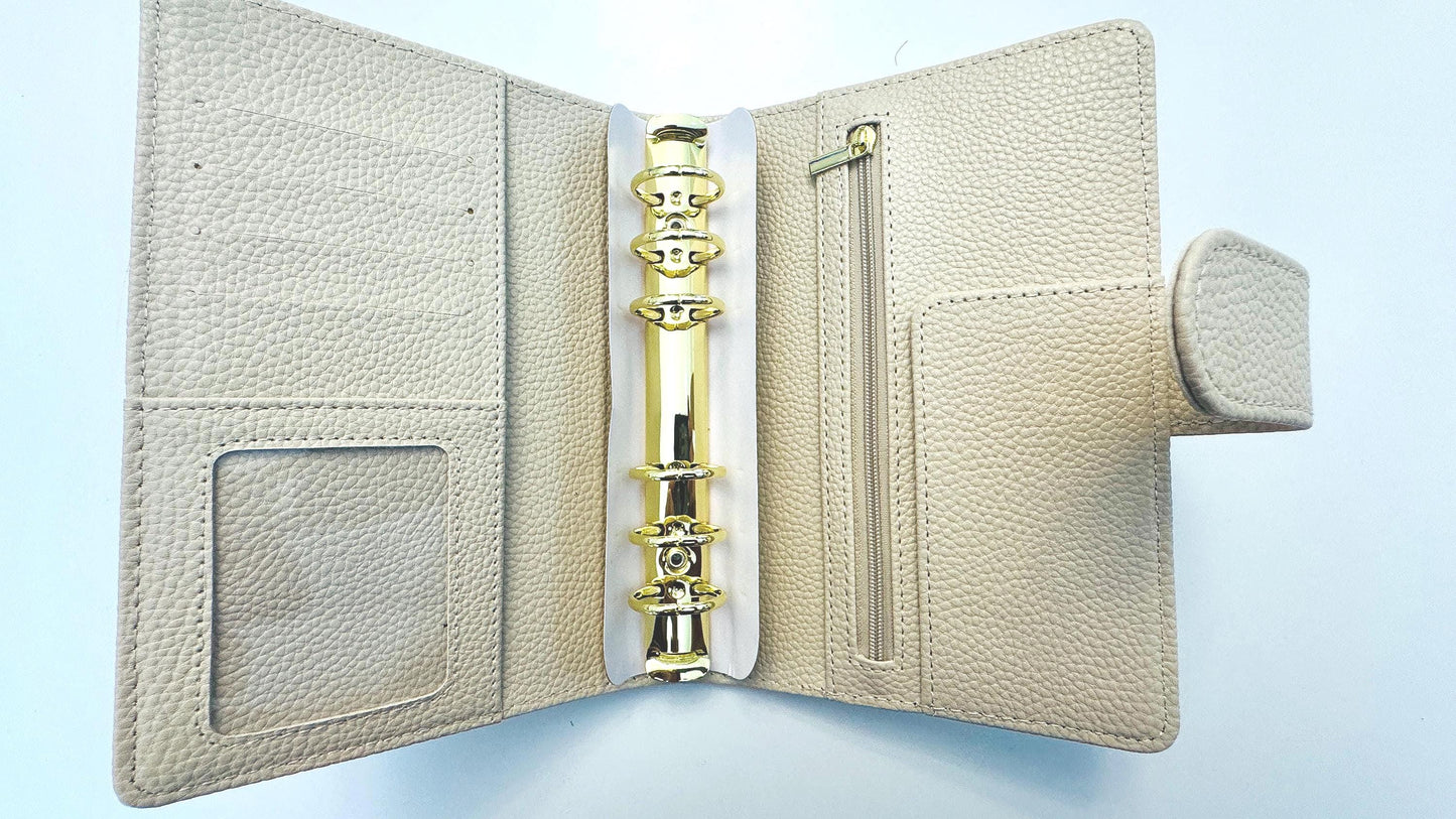 A6 Pebble Leather Budget Binder: Gold Rings, Zipper Pocket, Cash Envelope Wallet