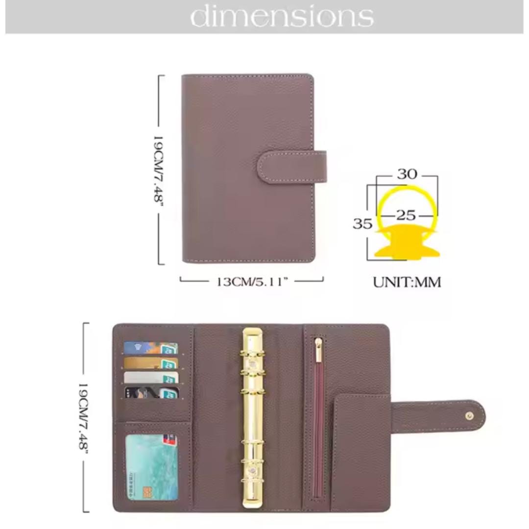 A6 Pebble Leather Budget Binder: Gold Rings, Zipper Pocket, Cash Envelope Wallet