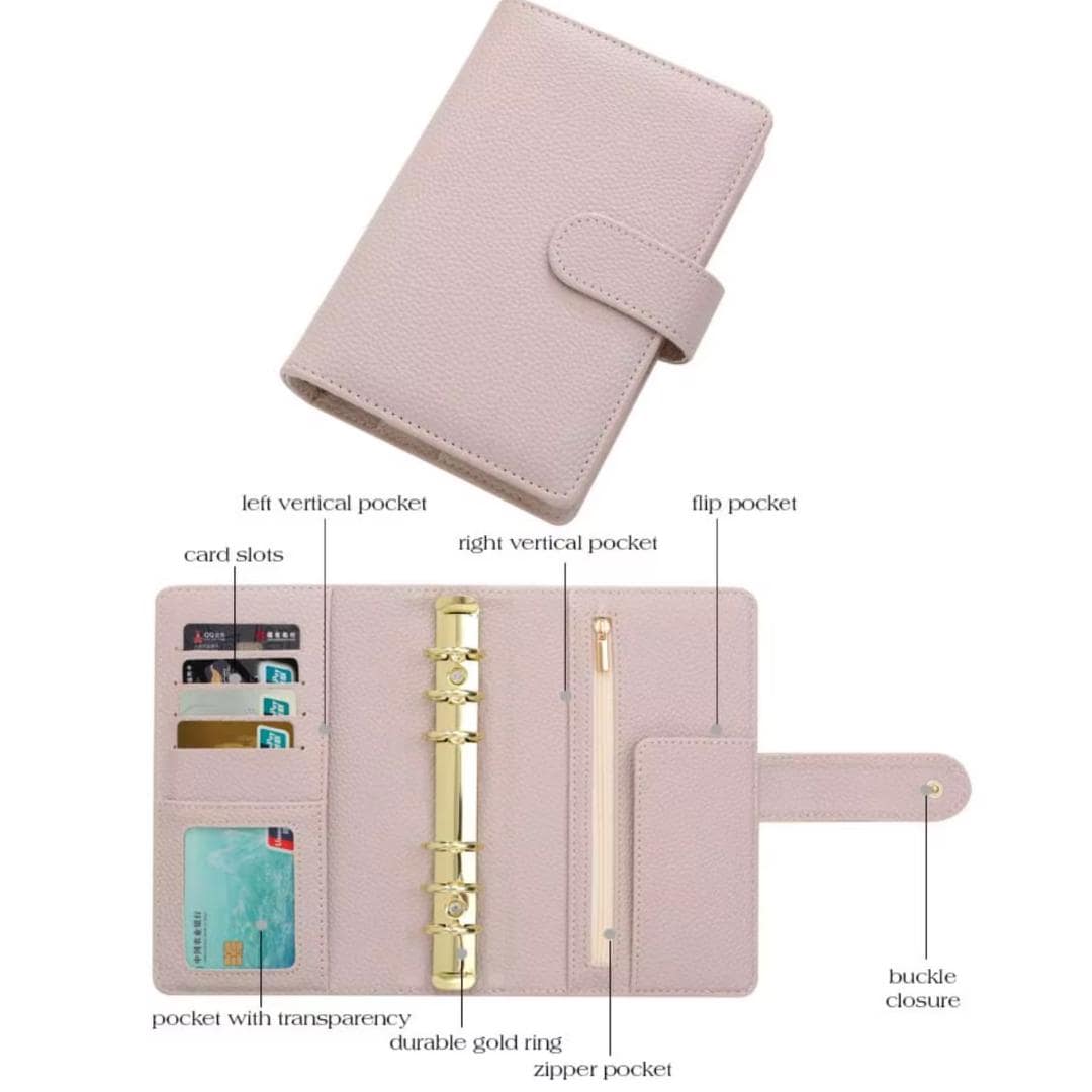 A6 Pebble Leather Budget Binder: Gold Rings, Zipper Pocket, Cash Envelope Wallet