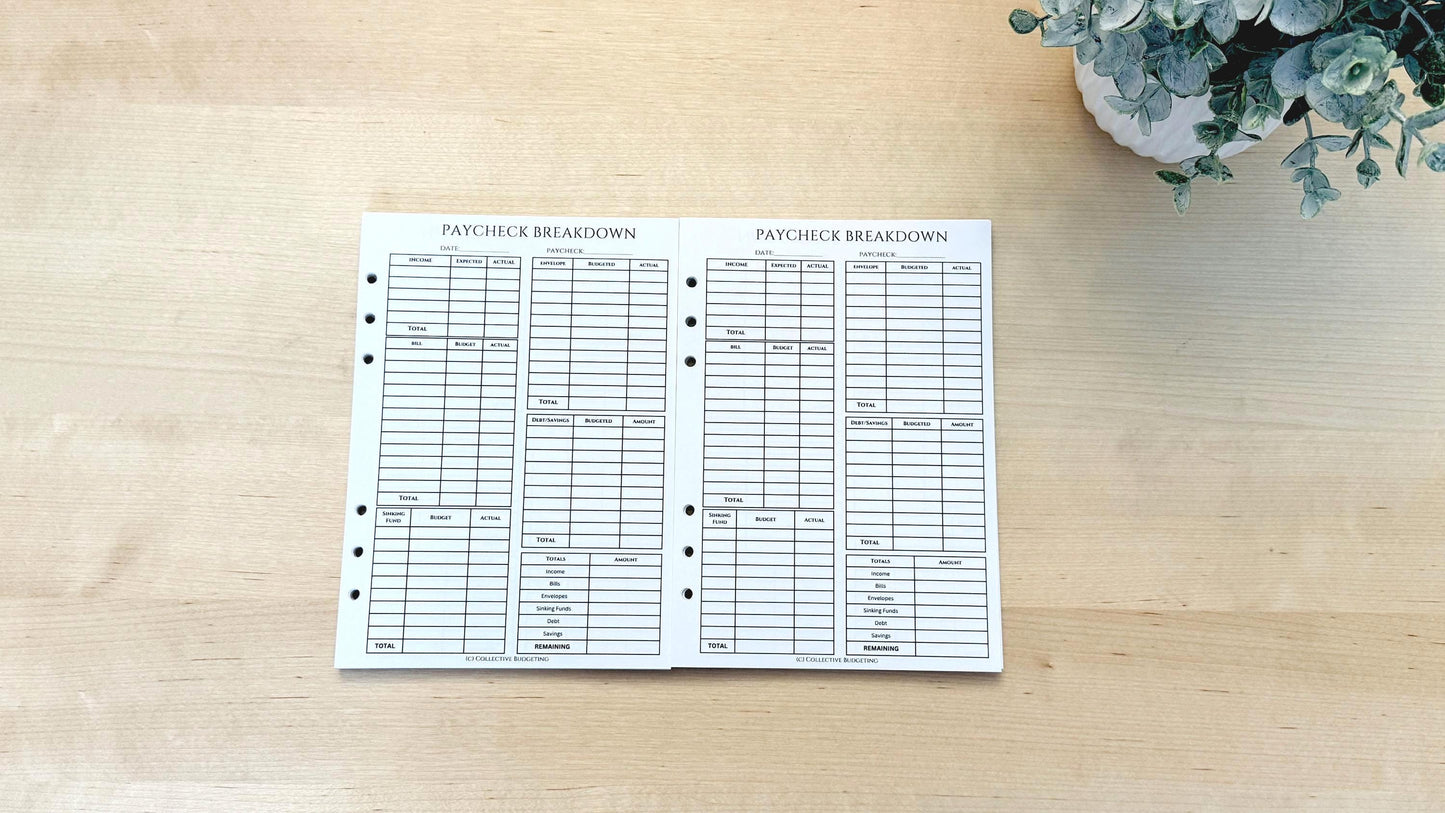 A5 Paycheck Breakdown Insert | Double Sided Hole Punched Budget Sheet for Cash Envelopes and Binder Budgeting