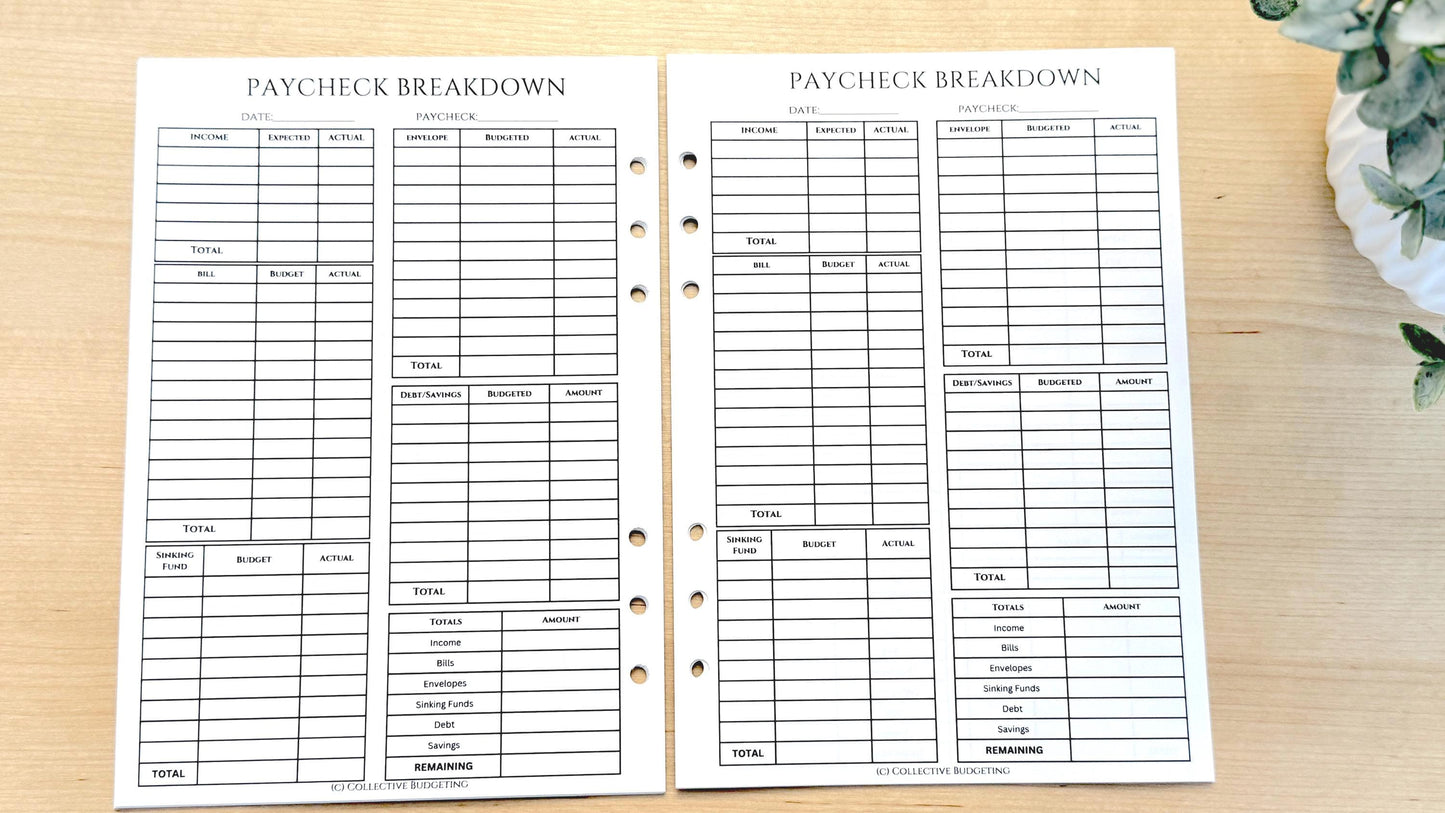 A5 Paycheck Breakdown Insert | Double Sided Hole Punched Budget Sheet for Cash Envelopes and Binder Budgeting