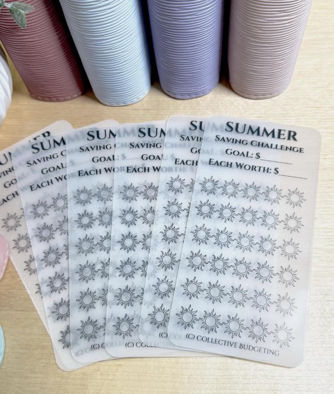 six white printable spring saving challenge tracker with black text. The text reads 'Summer SAVING CHALLENGE', 'GOAL: $', 'EACH WORTH: $'. There are 36 black and white flower icons on the tracker. The bottom of the tracker reads '(C) COLLECTIVE BUDGETING'.