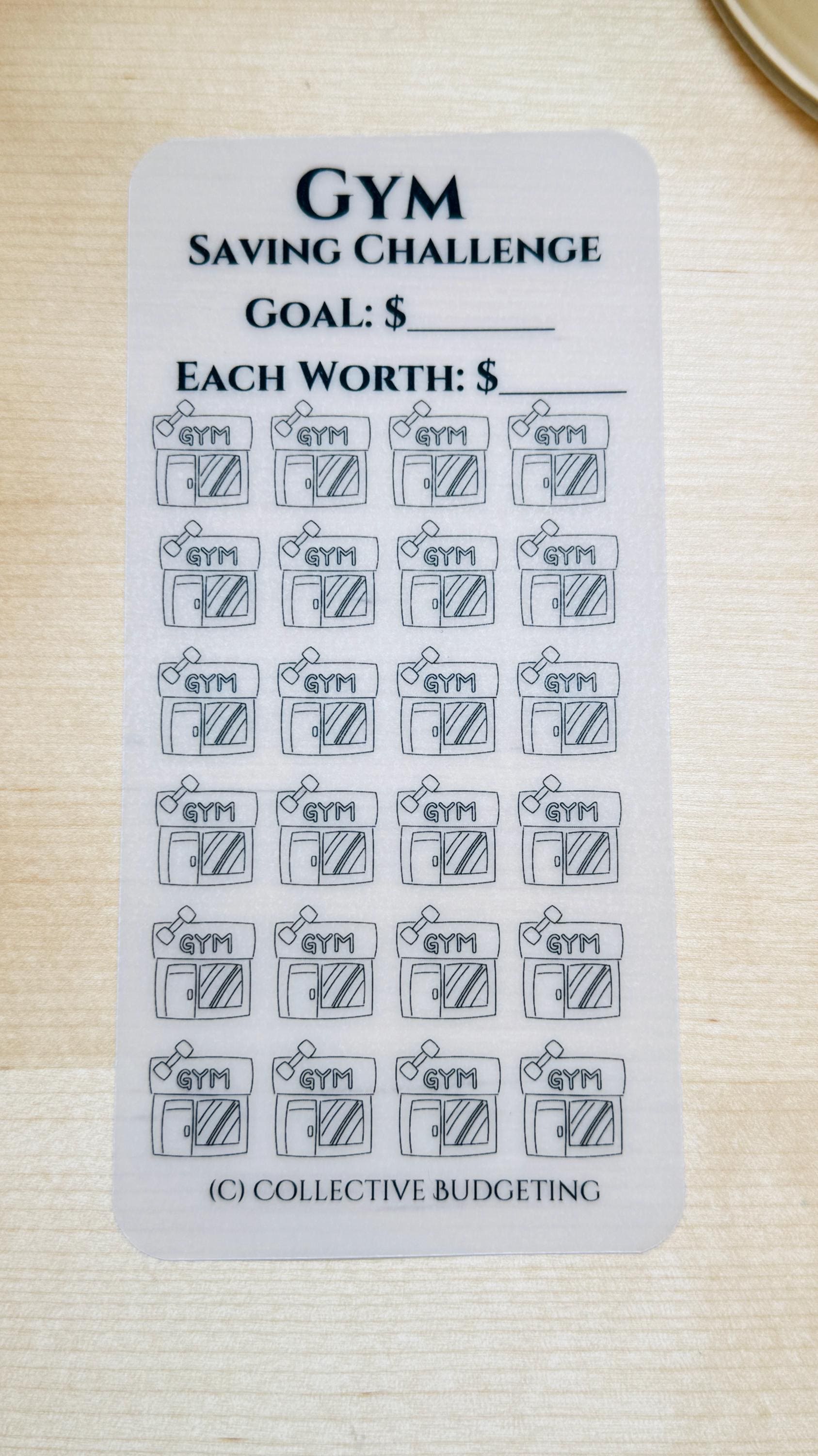 clear savings challenge with black ink. Each sheet has a grid of 36 stickers with a small gym icon on each sticker. The text on the stickers reads 'Gym Saving Challenge', 'Goals: $', 'Each Worth: $', and '(C) Collective Budgeting'.