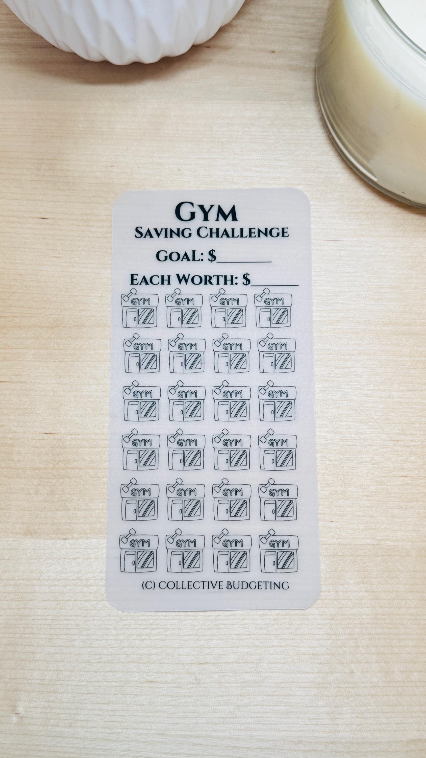 clear savings challenge with black ink. Each sheet has a grid of 36 stickers with a small gym icon on each sticker. The text on the stickers reads 'Gym Saving Challenge', 'Goals: $', 'Each Worth: $', and '(C) Collective Budgeting'.