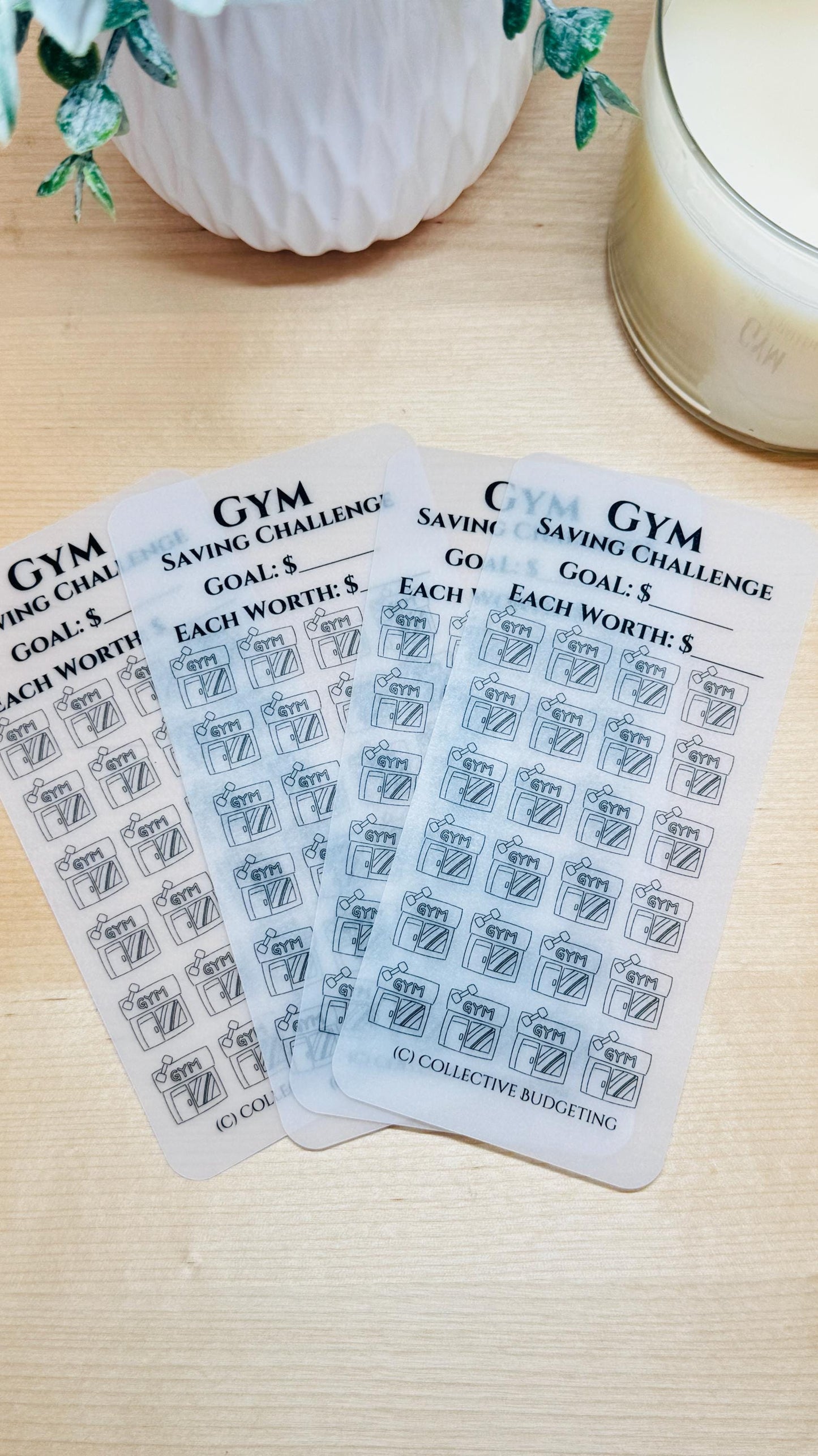 4 white printed laminate golf saving challenge cards. Each card has a black title 'GOLF SAVING CHALLENGE', a blank space for a goal amount, a blank space for the value of each golf ball, and 36 golf ball images.