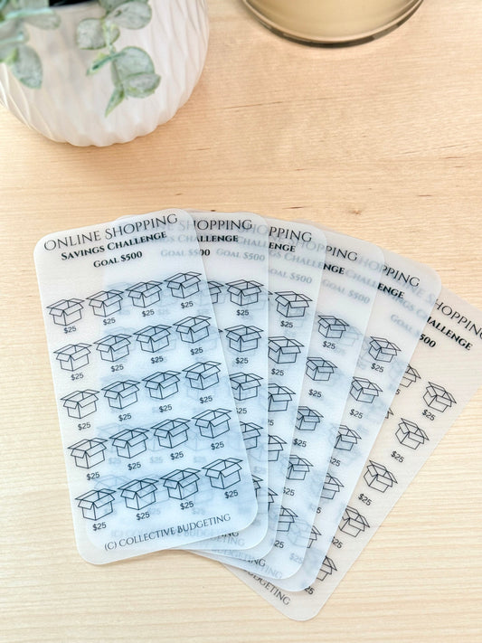 A set of seven transparent sheets with a black and white design. Each sheet has a title that reads 'Online Shopping Savings Challenge Goal $500' and features a grid of 25 boxes with the number $25 written inside each box. The bottom of each sheet has the text '(C) Collective Budgeting'.