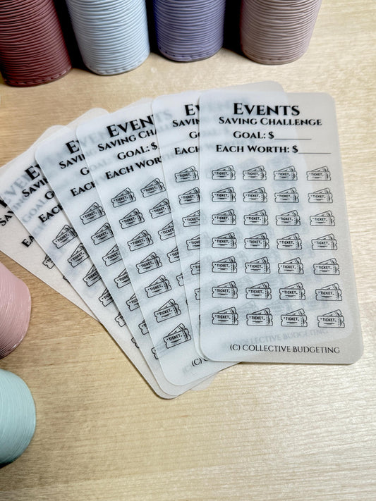 Five sheets of white paper with black text and images. The top sheet has the text 'EVENTS SAVING CHALLENGE GOAL: $ EACH WORTH: $'. The remaining sheets have the text 'EVENTS SAVING CHALLENGE GOAL: $ EACH WORTH: $'. Each sheet has a grid of 40 black and white ticket images. The bottom right corner of each sheet has the text '(C) COLLECTIVE BUDGETING'.