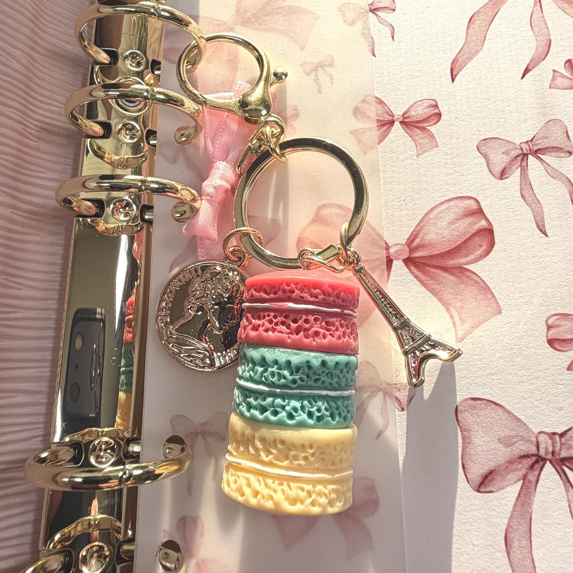 Budget Binder Charm | Macaron Keychain Accessory | Paris Planner Charm with Bow & Coin