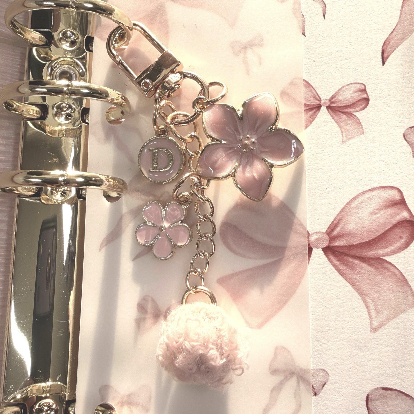 Binder Charm | Bow & Flower Planner Keychain | Heart or Pom-Pom Accessory |