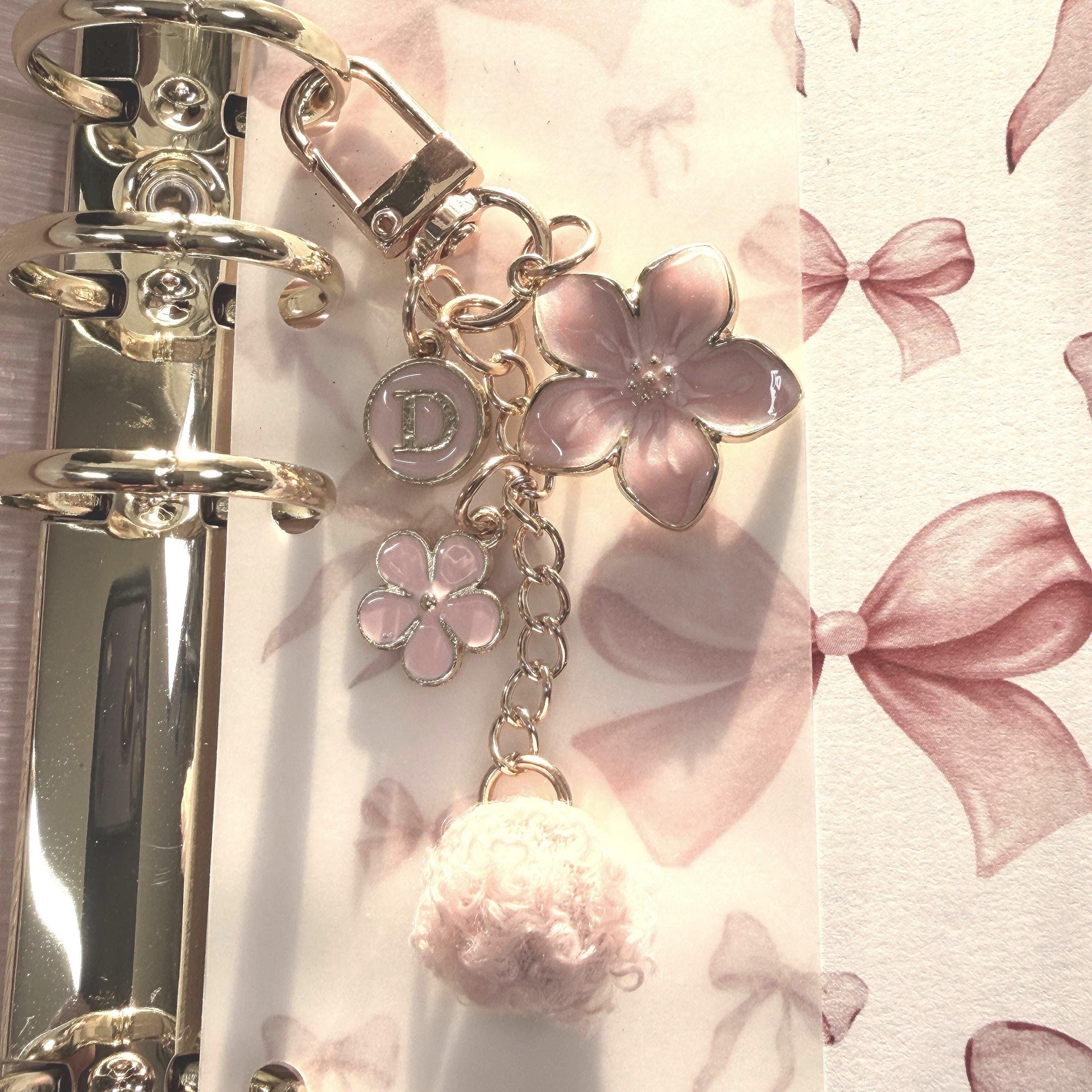 Binder Charm | Bow & Flower Planner Keychain | Heart or Pom-Pom Accessory |