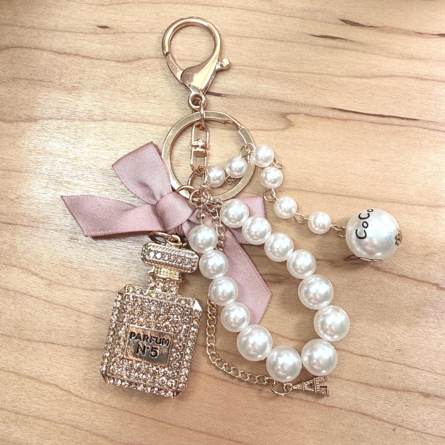 Coco Perfume Bottle Binder Charm | Pearl Bow Keychain | Budget Binder Accessory