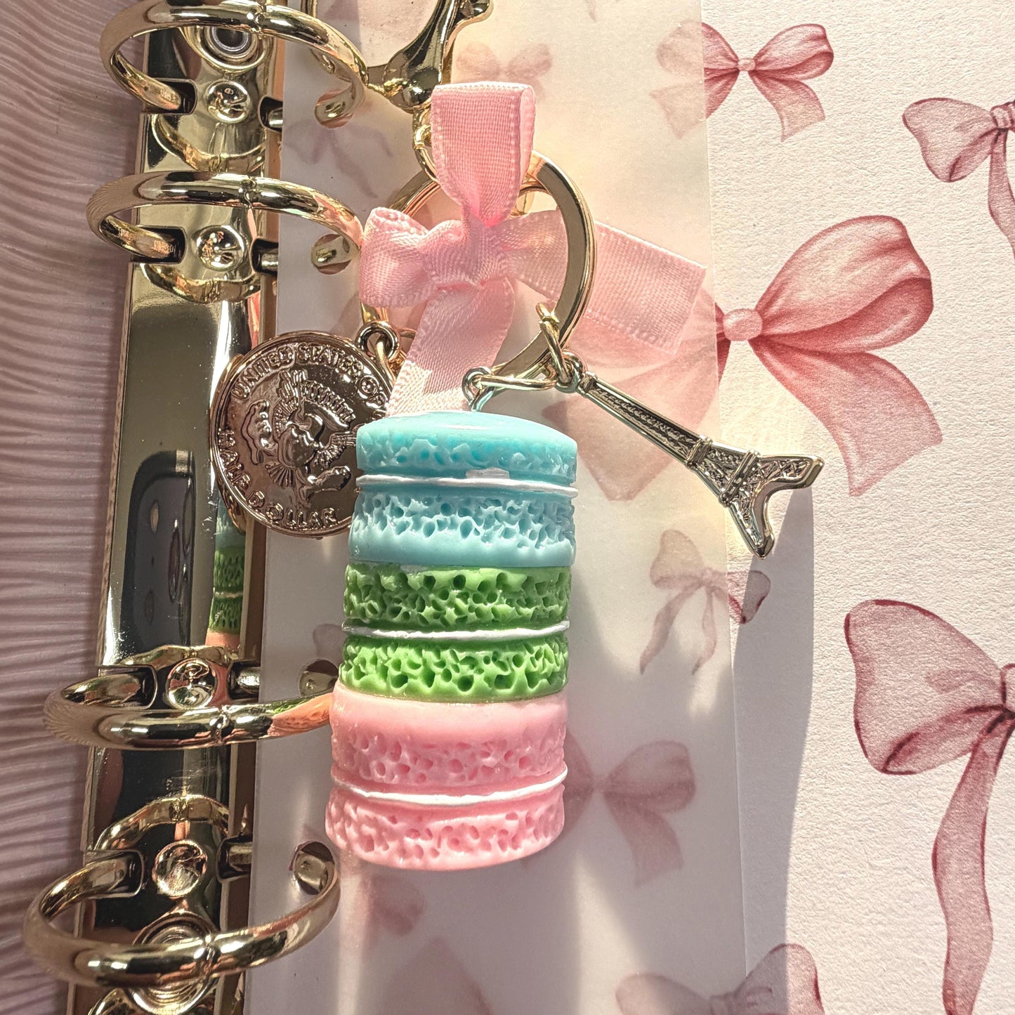 Budget Binder Charm | Macaron Keychain Accessory | Paris Planner Charm with Bow & Coin