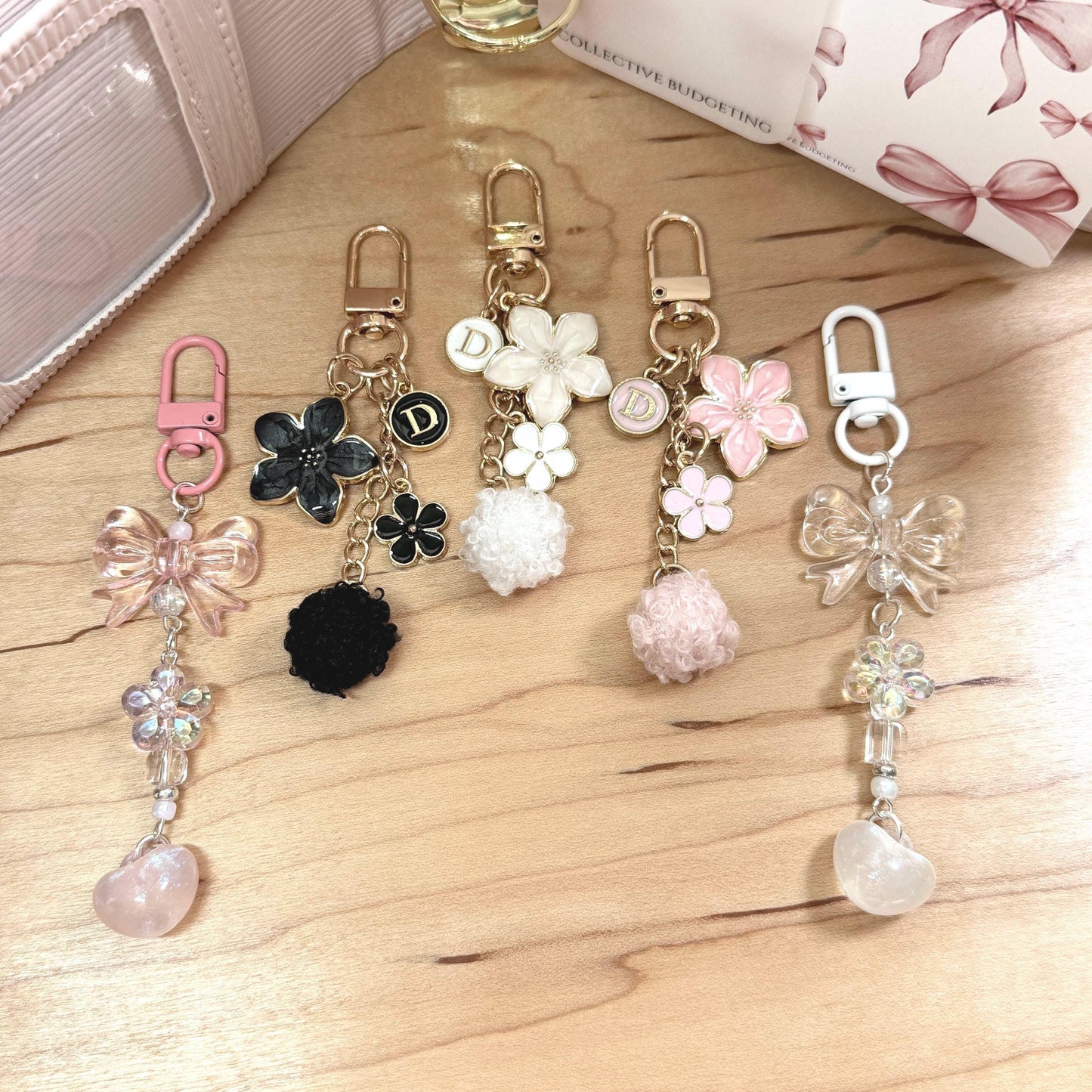 Binder Charm | Bow & Flower Planner Keychain | Heart or Pom-Pom Accessory |