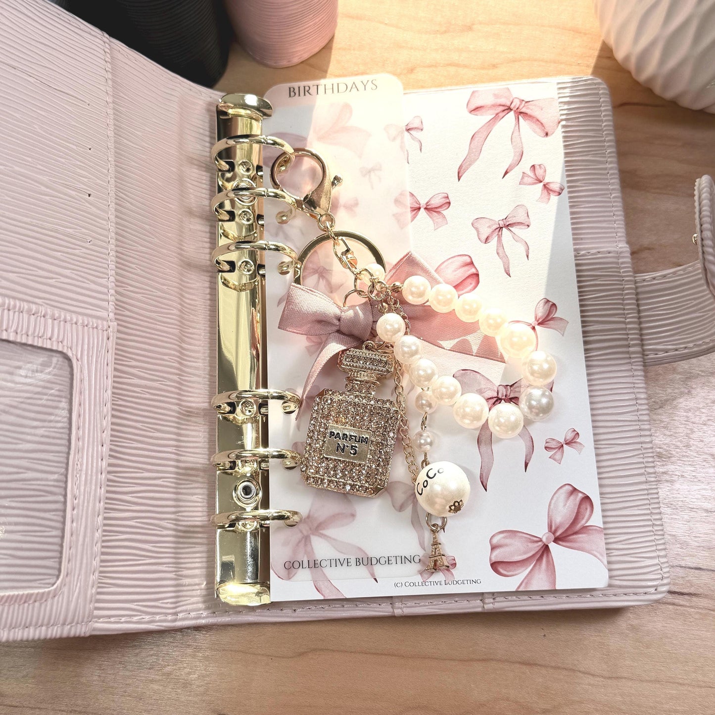 Coco Perfume Bottle Binder Charm | Pearl Bow Keychain | Budget Binder Accessory