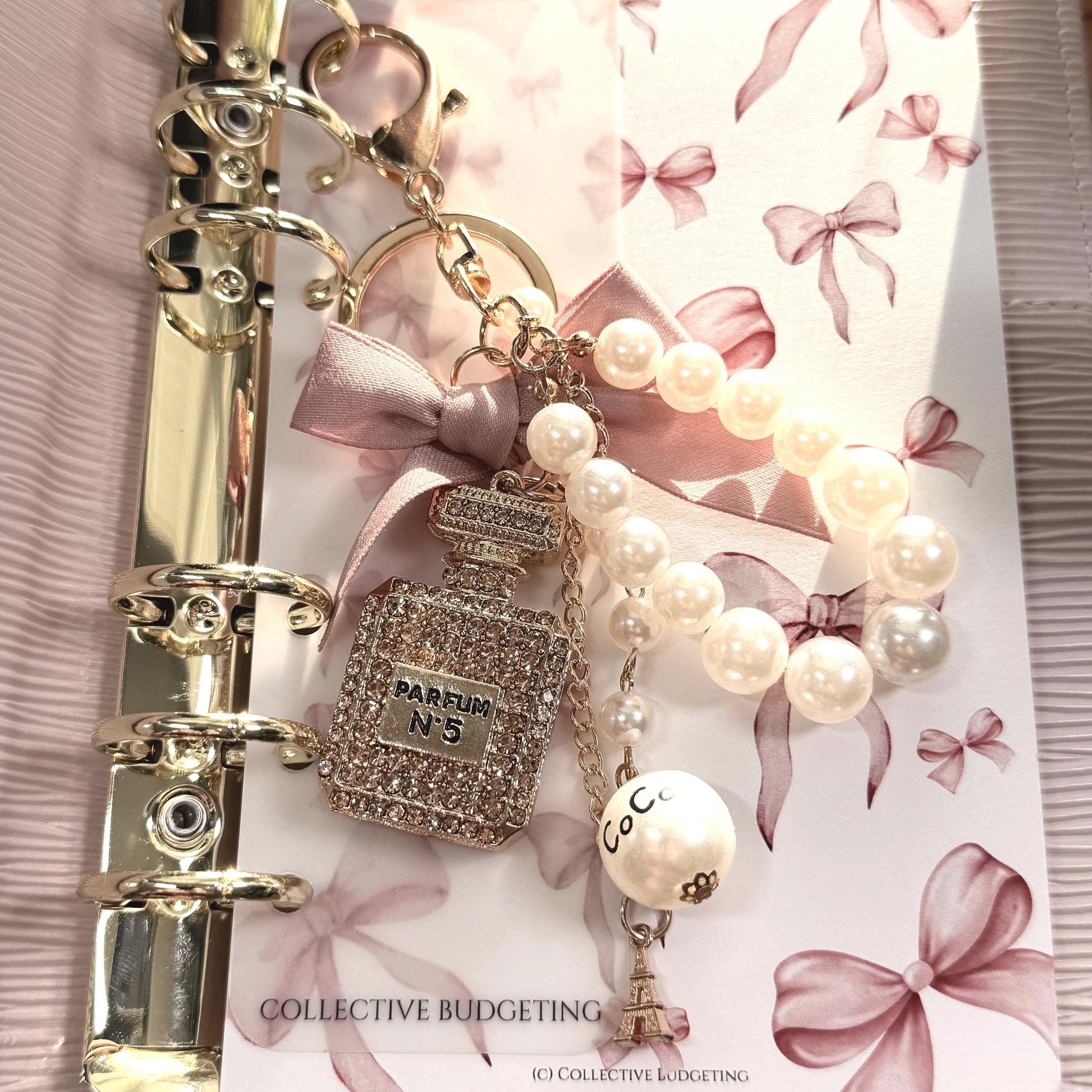 Coco Perfume Bottle Binder Charm | Pearl Bow Keychain | Budget Binder Accessory