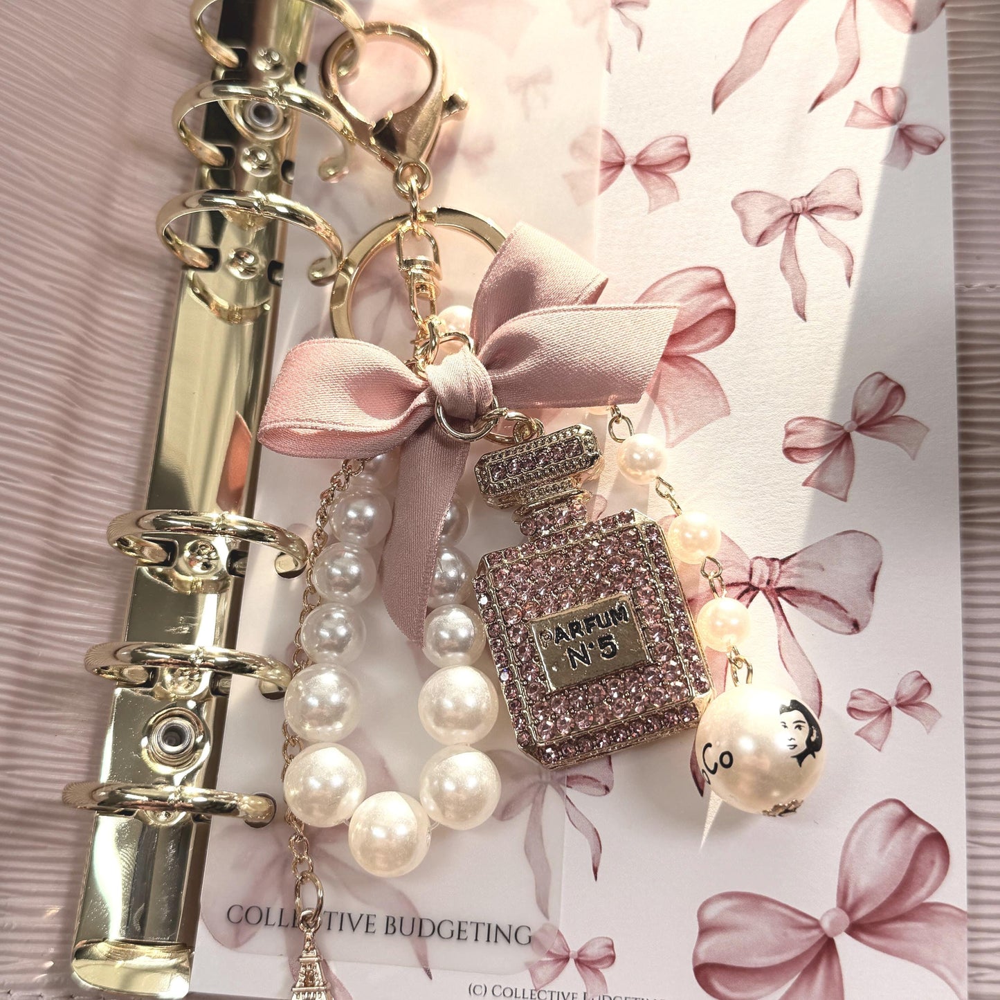 Coco Perfume Bottle Binder Charm | Pearl Bow Keychain | Budget Binder Accessory