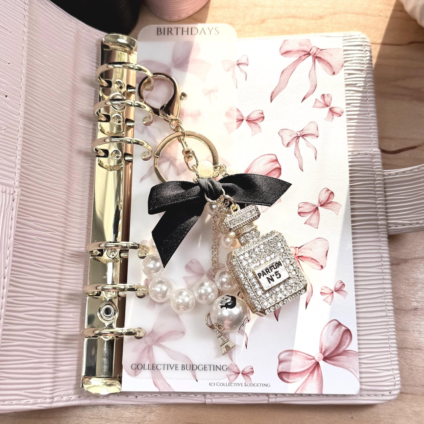 Coco Perfume Bottle Binder Charm | Pearl Bow Keychain | Budget Binder Accessory