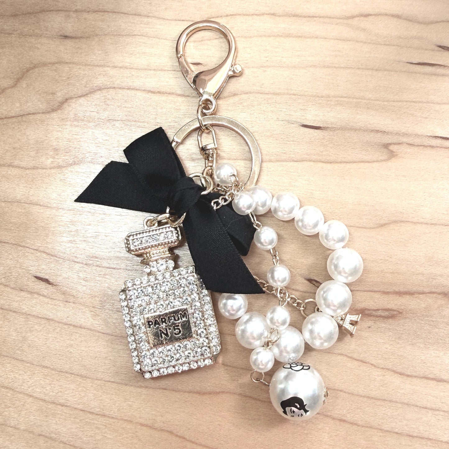 Coco Perfume Bottle Binder Charm | Pearl Bow Keychain | Budget Binder Accessory