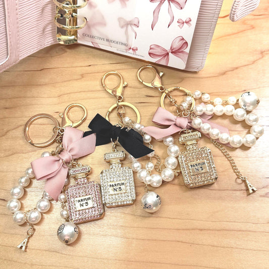 Coco Perfume Bottle Binder Charm | Pearl Bow Keychain | Budget Binder Accessory
