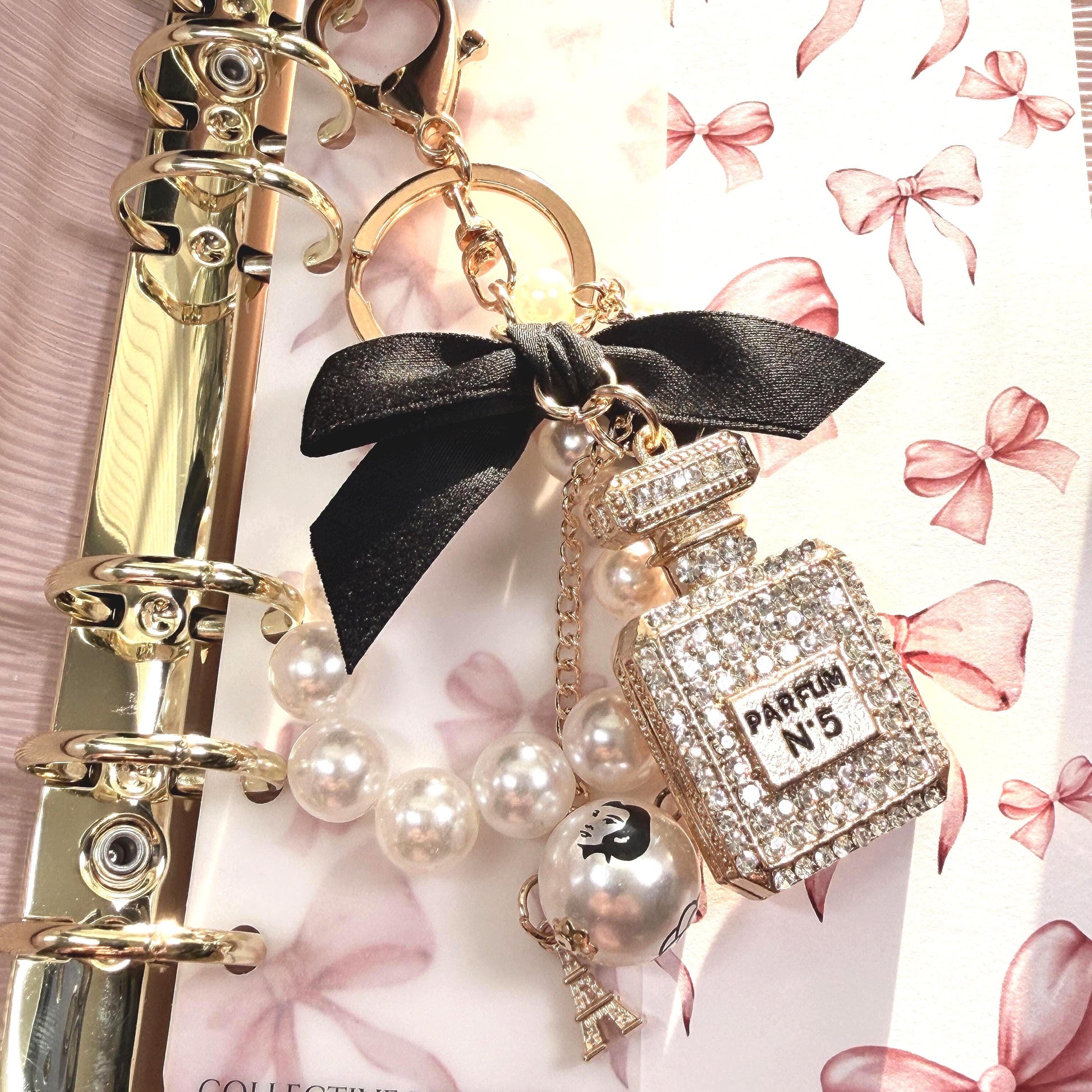 Coco Perfume Bottle Binder Charm | Pearl Bow Keychain | Budget Binder Accessory