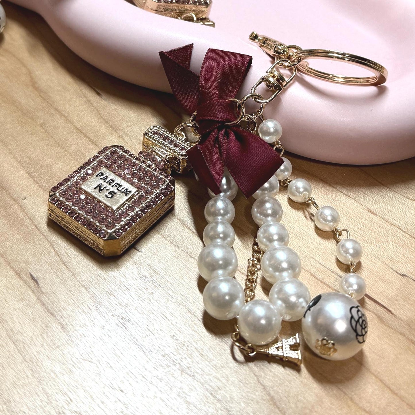 Coco Perfume Bottle Binder Charm | Pearl Bow Keychain | Budget Binder Accessory
