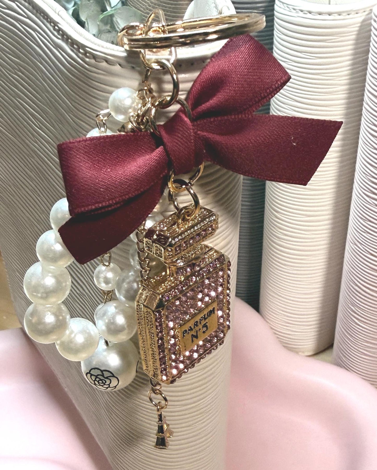 Coco Perfume Bottle Binder Charm | Pearl Bow Keychain | Budget Binder Accessory