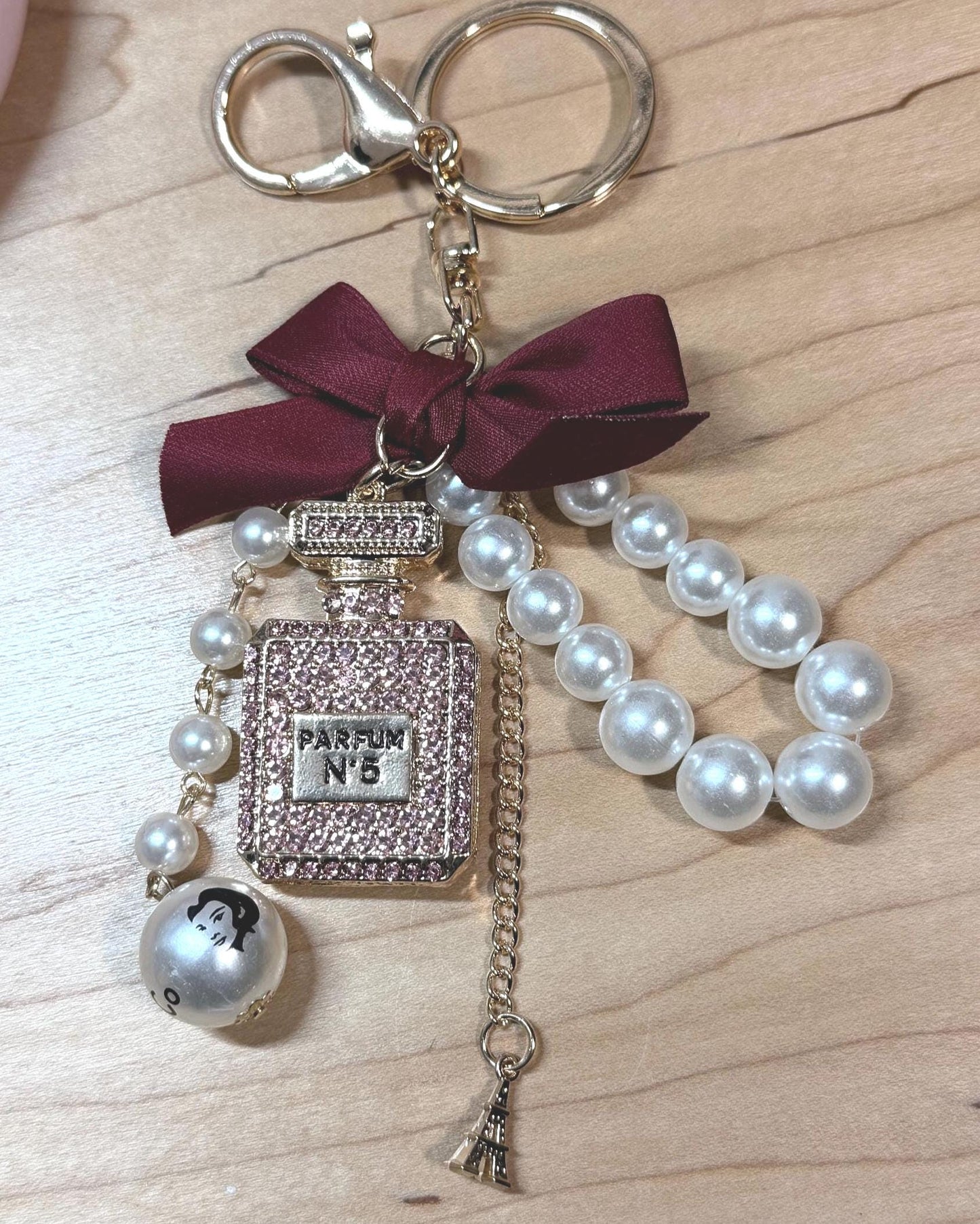 Coco Perfume Bottle Binder Charm | Pearl Bow Keychain | Budget Binder Accessory