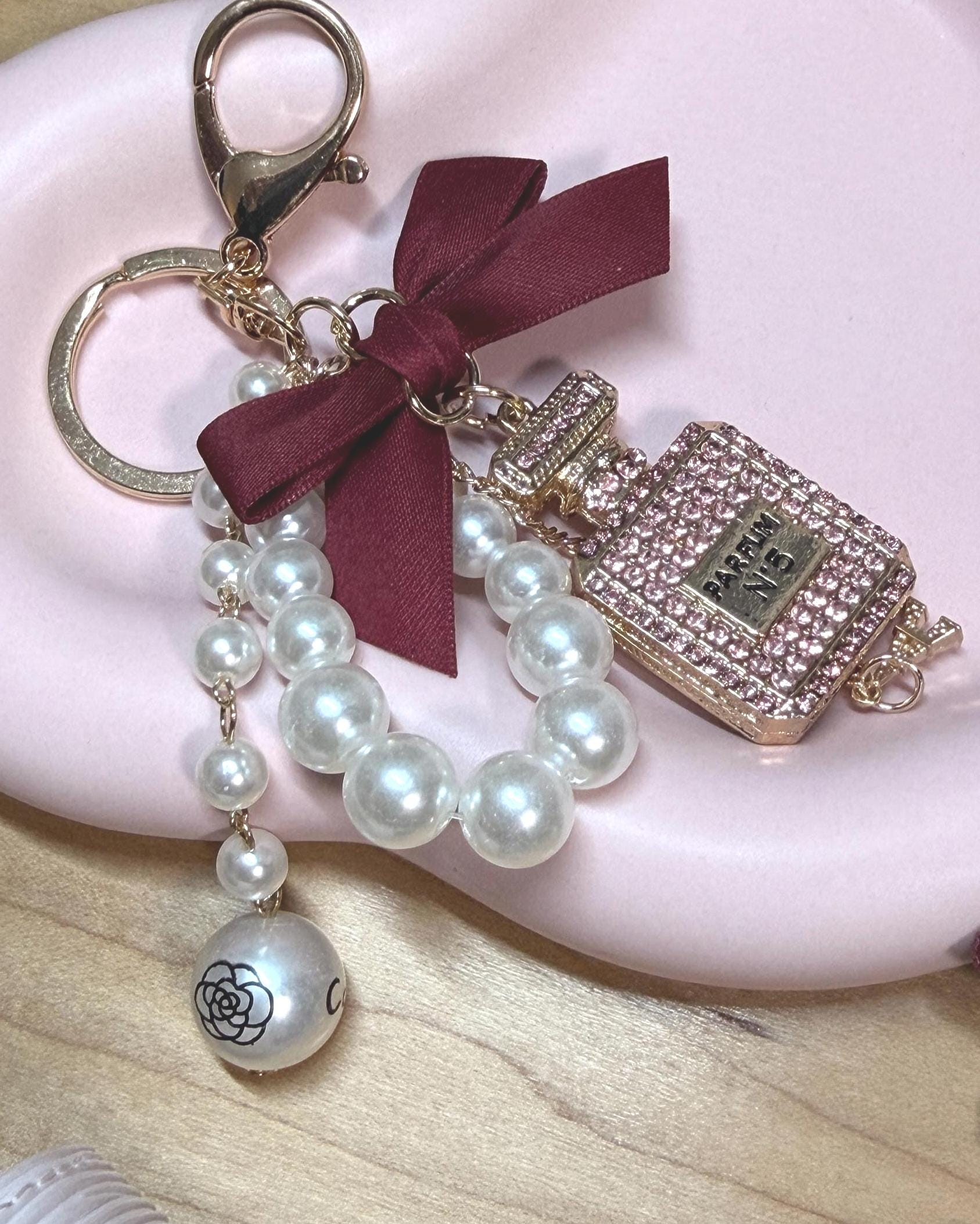 Coco Perfume Bottle Binder Charm | Pearl Bow Keychain | Budget Binder Accessory