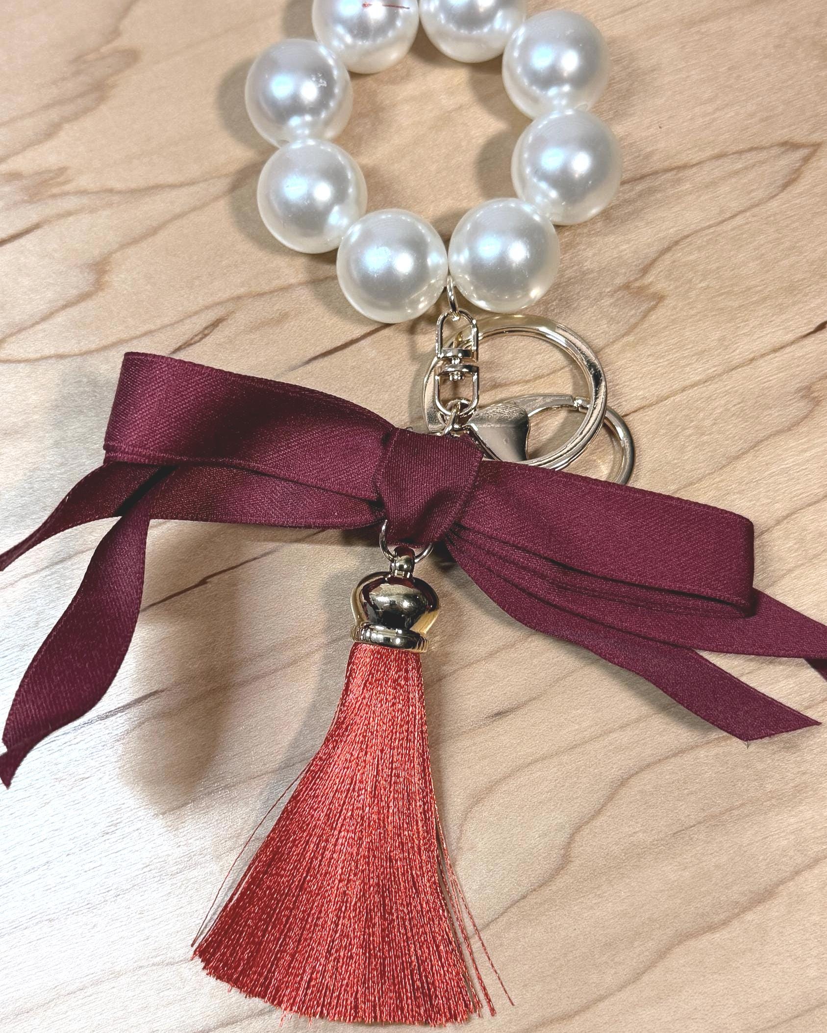 Faux Pearl Bracelet Keychain | Ribbon Tassel Planner Charm