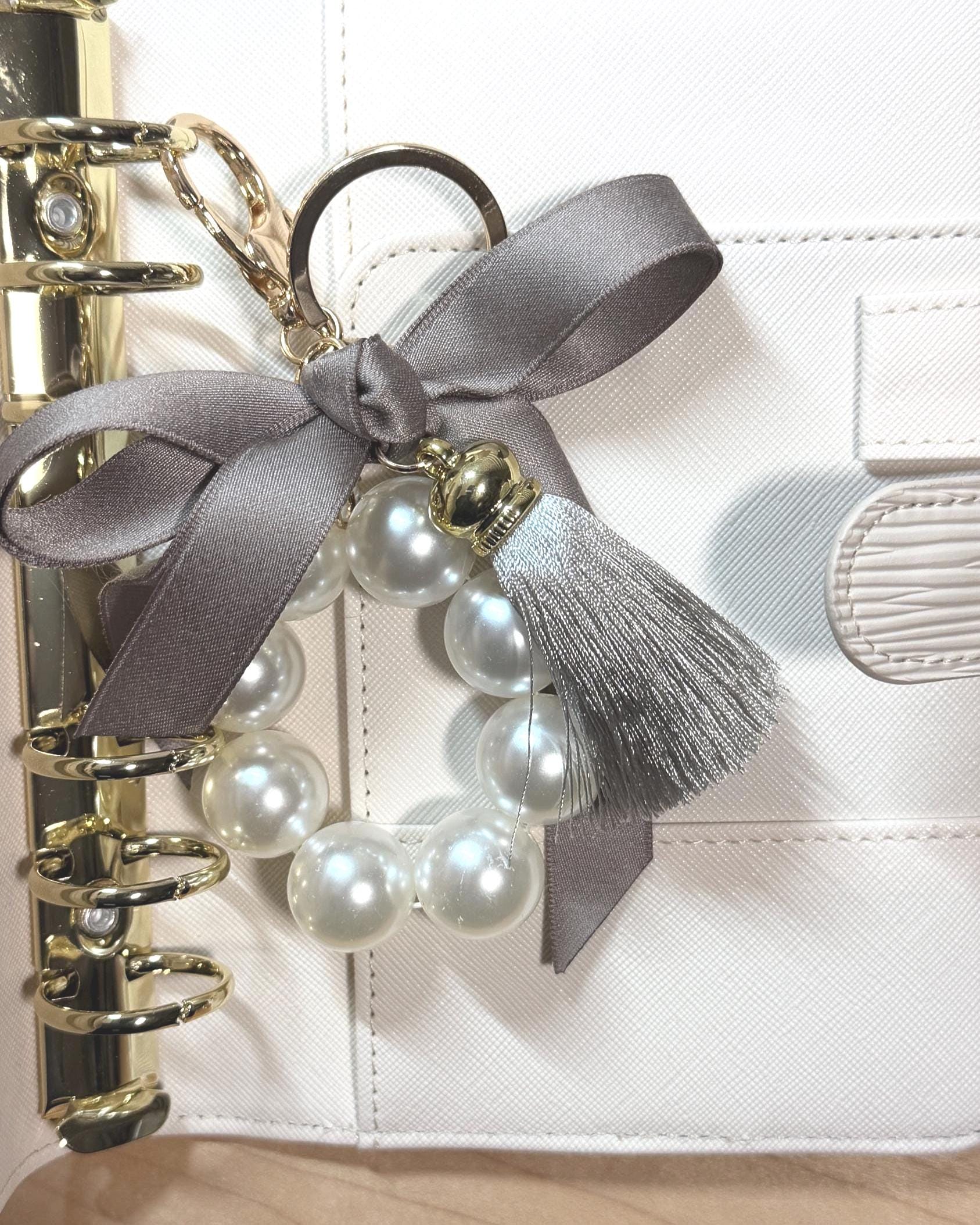 Faux Pearl Bracelet Keychain | Ribbon Tassel Planner Charm