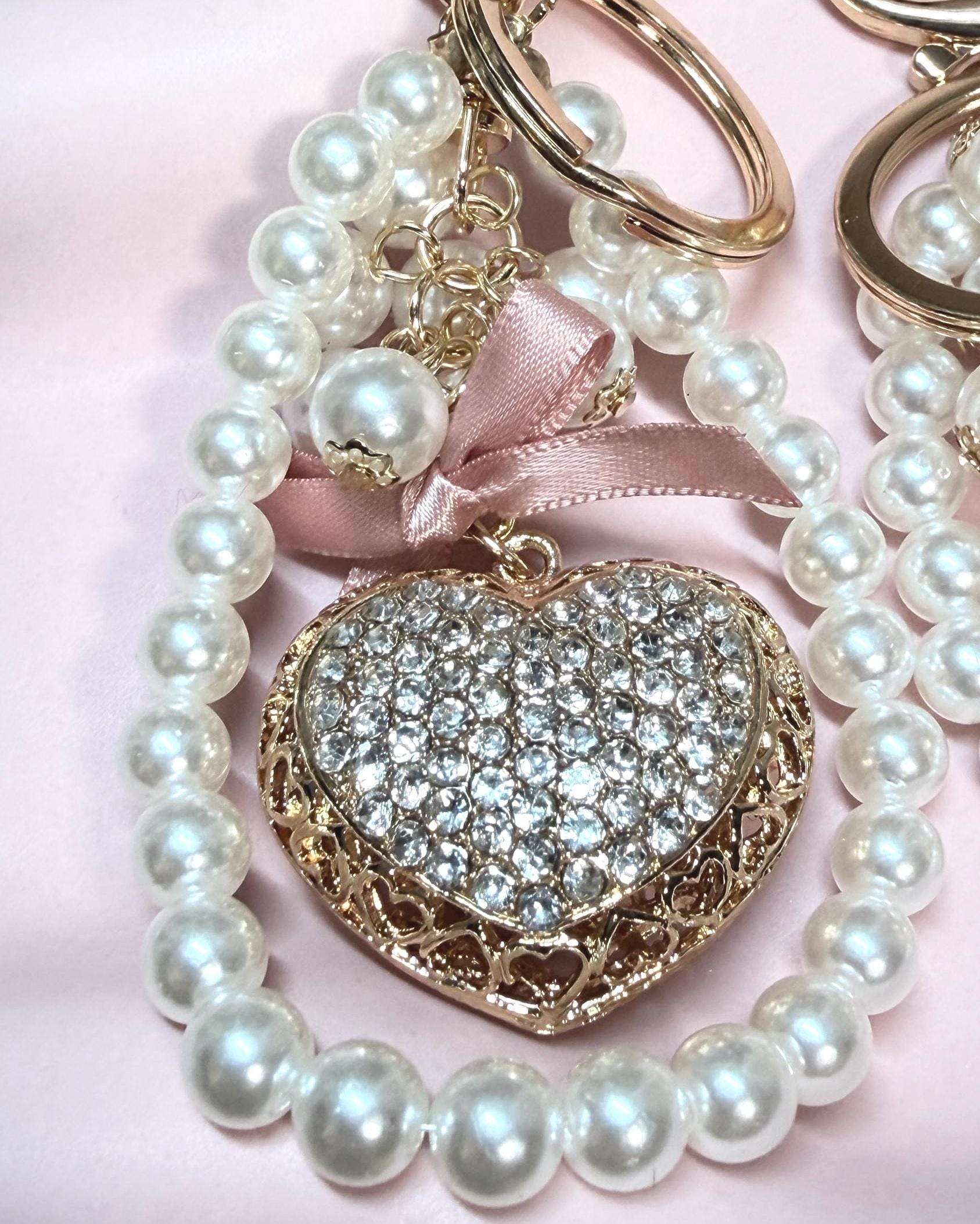 Heart Pendant Keychain | Crystal, Crochet, & Pearl Charm