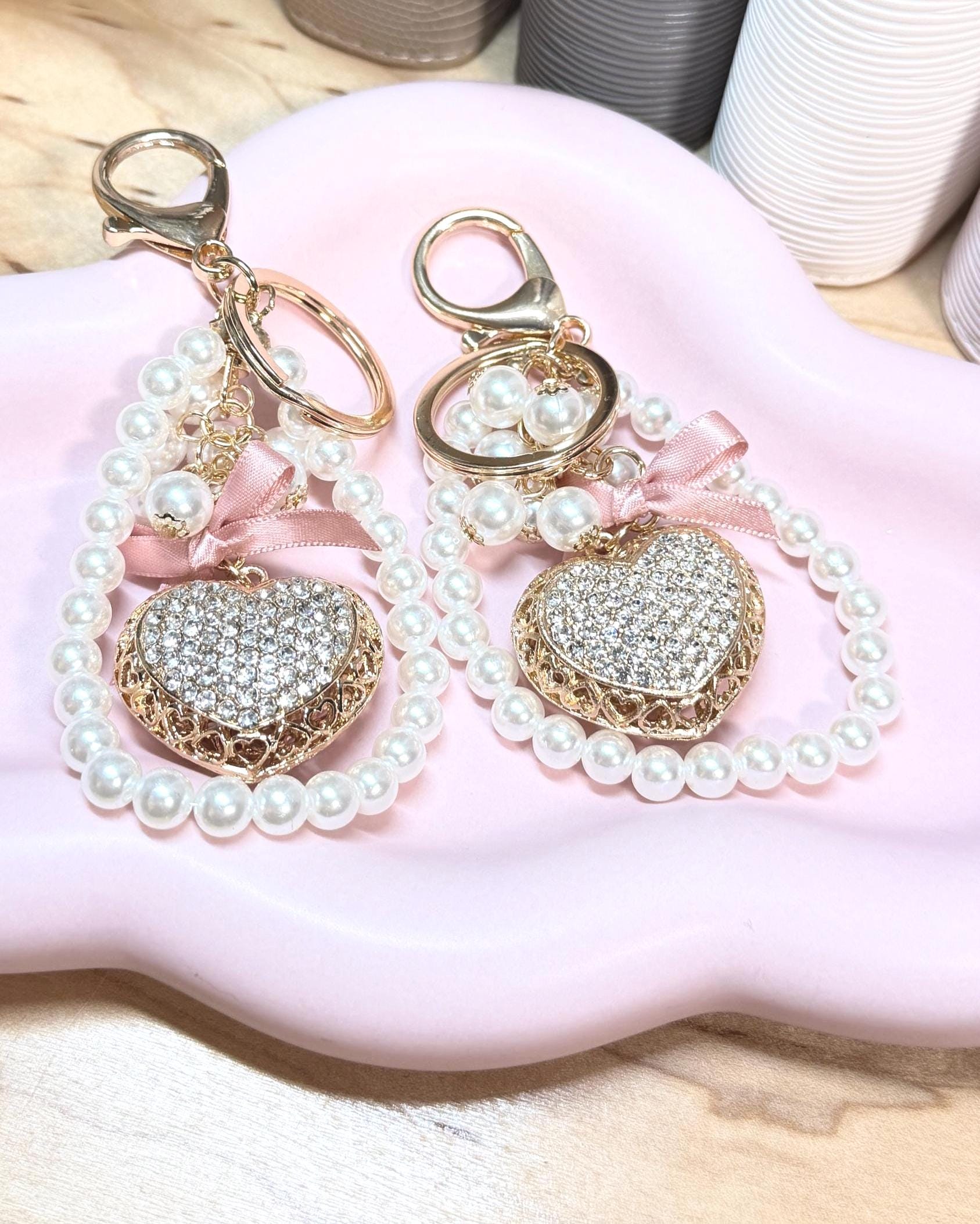 Heart Pendant Keychain | Crystal, Crochet, & Pearl Charm