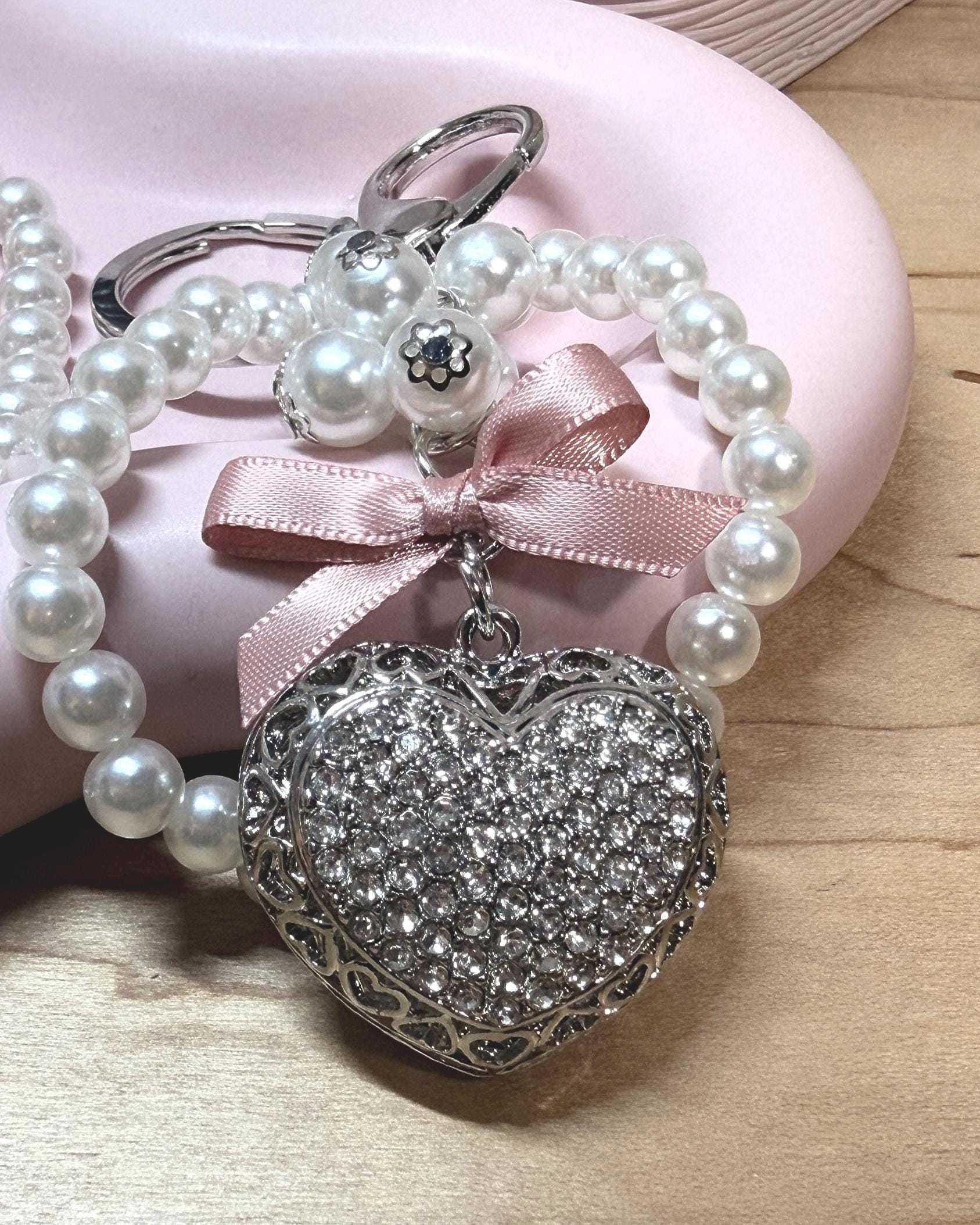 Heart Pendant Keychain | Crystal, Crochet, & Pearl Charm