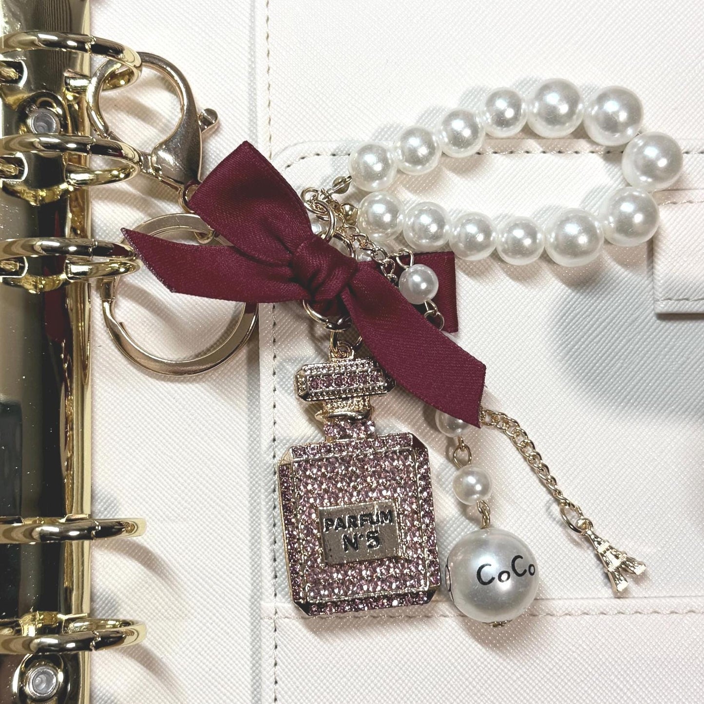 Coco Perfume Bottle Binder Charm | Pearl Bow Keychain | Budget Binder Accessory