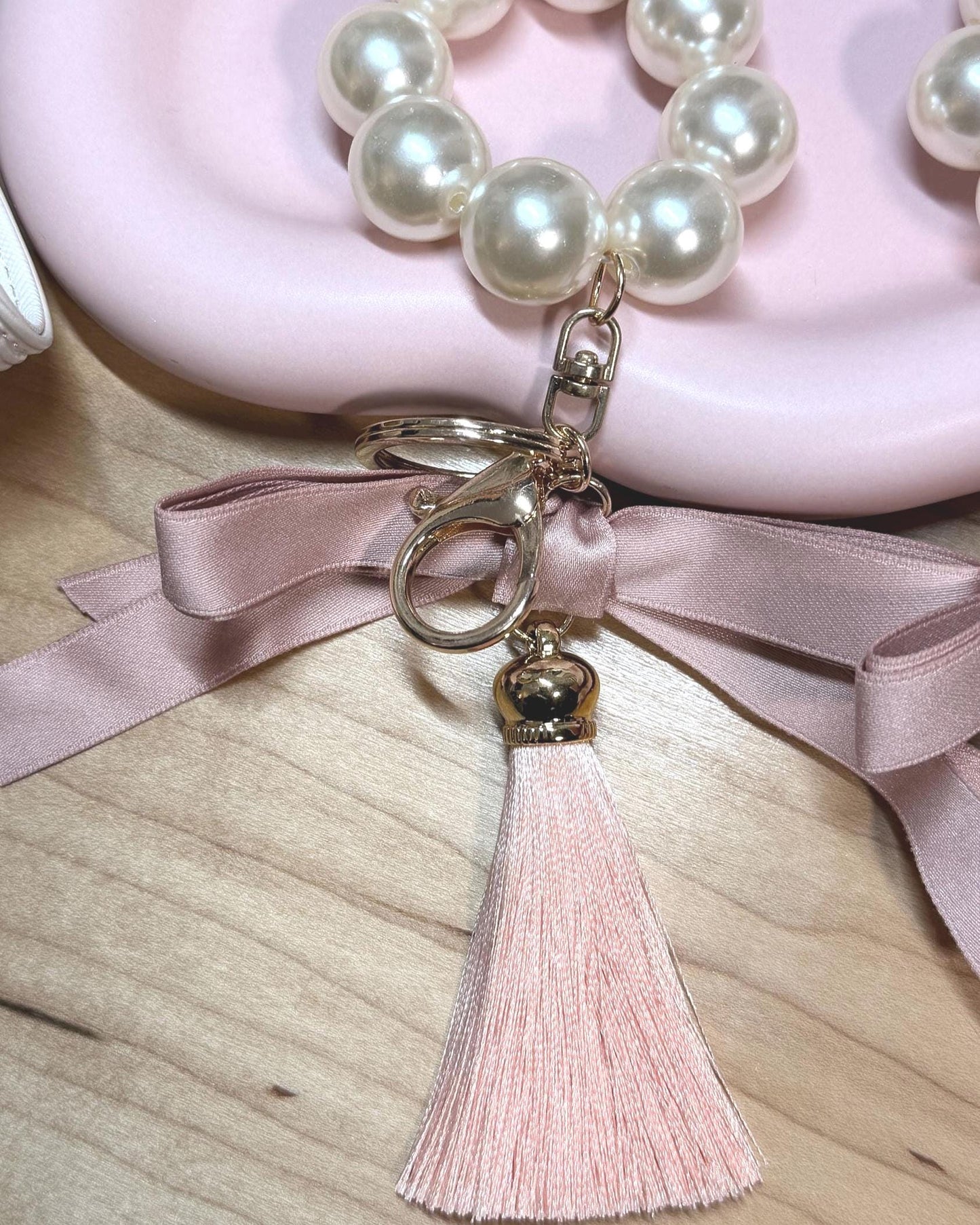 Faux Pearl Bracelet Keychain | Ribbon Tassel Planner Charm